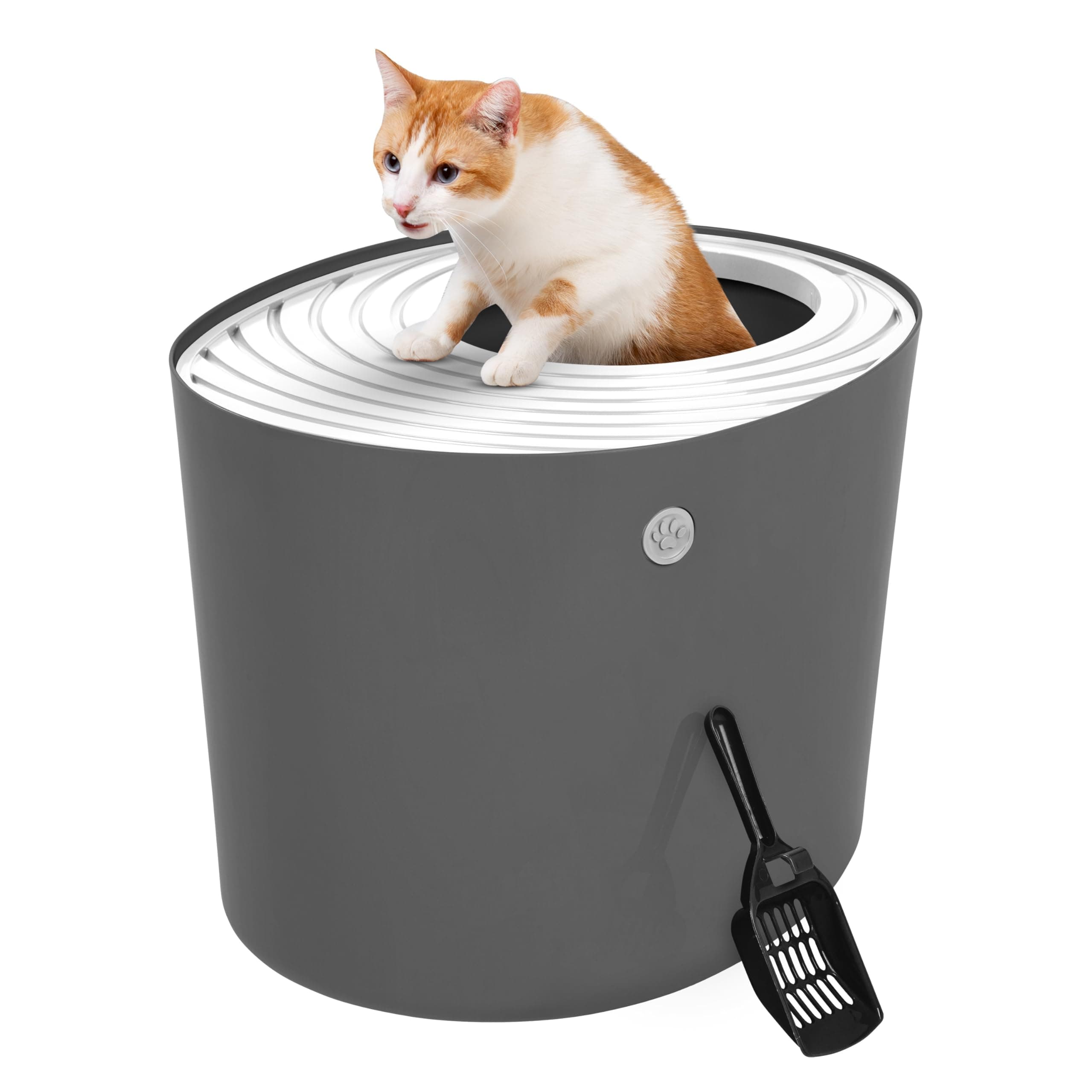 Iris Ohyama Large Stylish Round Top Entry Cat Litter Box with Scoop, Grooved Cover and Privacy Walls, Dark Gray/White