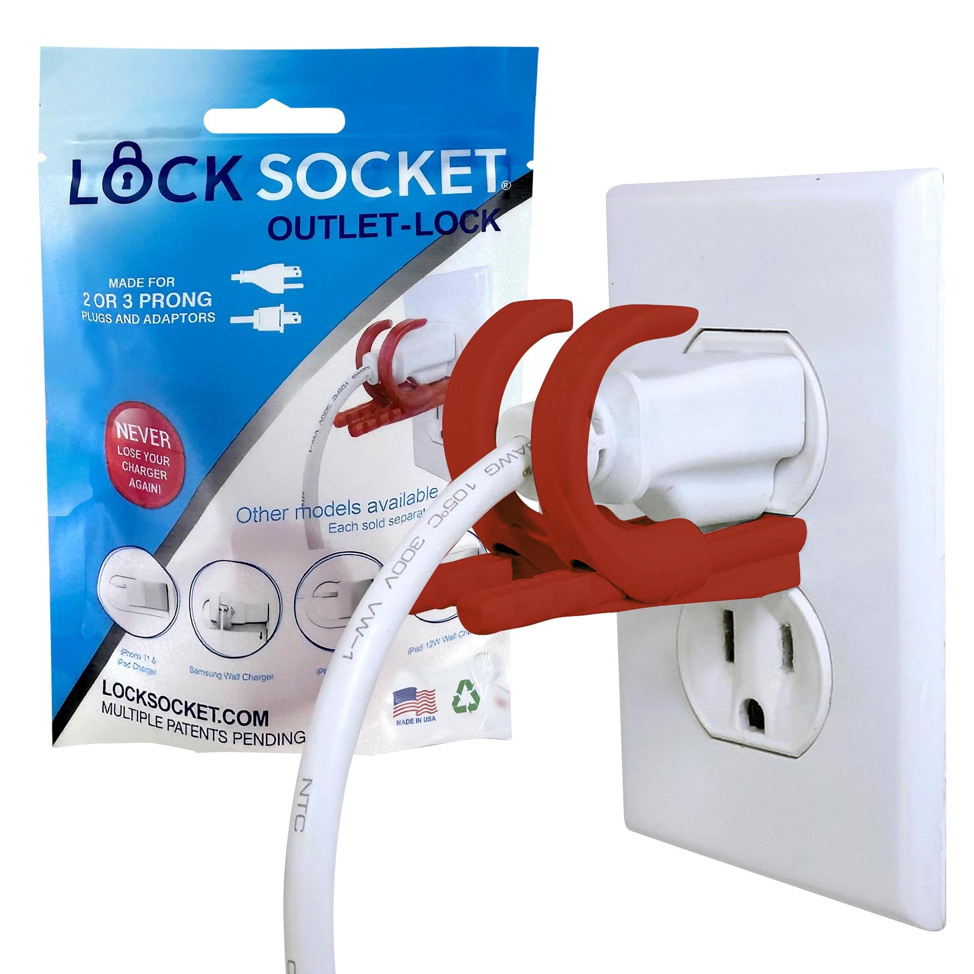Lock Socket Adjustable Outlet and Charger Lock - Red | Anti-Theft, Child-Safe Plug Lock cover | Secures 2 or 3 Pronged Plug & Adaptors, Includes Security Screw & Key | Secures Most Cords | Made in USA