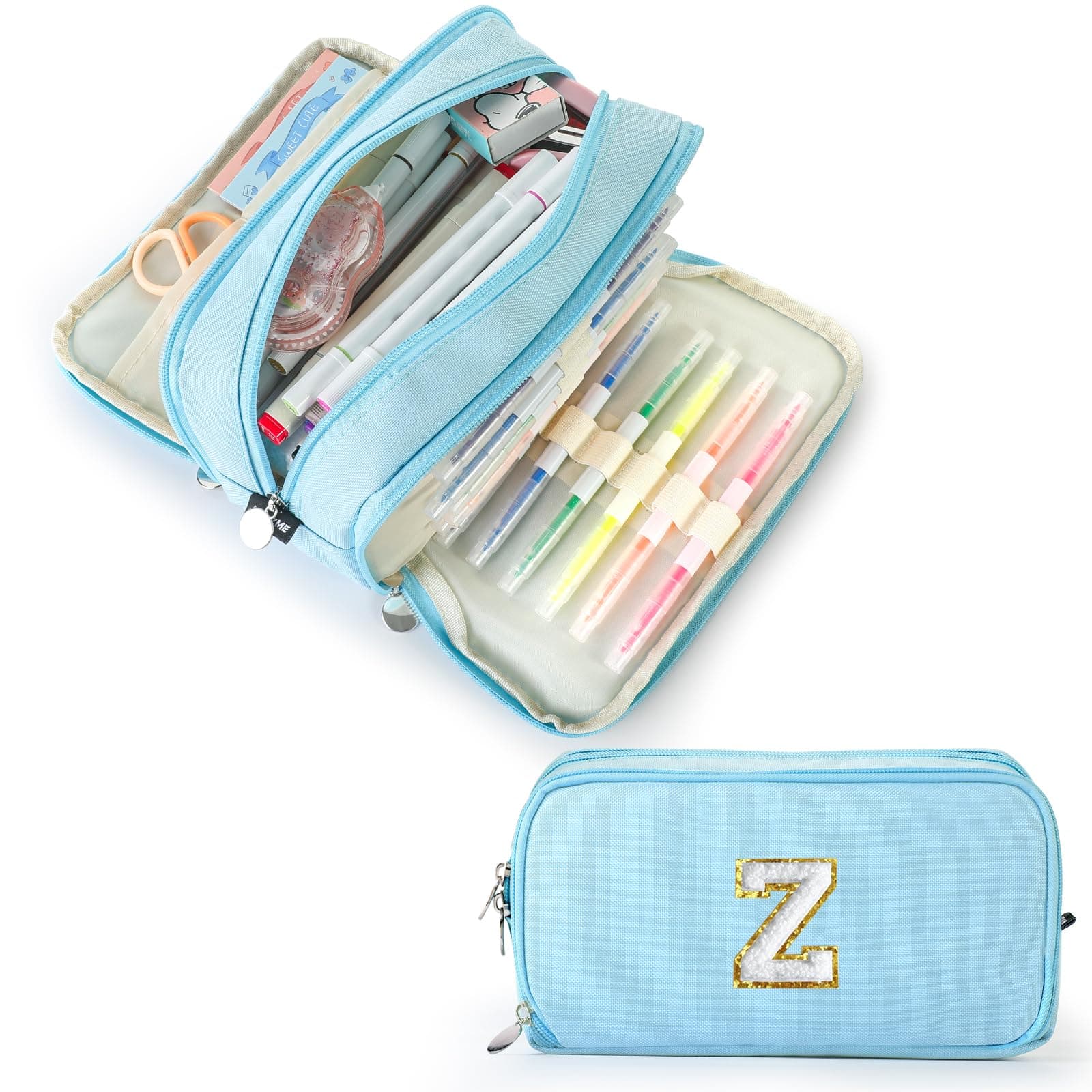 Extra Large Capacity Pencil Case 3 Compartment Initial Pencil Pouch Personalized Cute Aesthetic Stationery Pen Case Bag for School Teen Girl Boy Men Women Gift (Z, Blue)