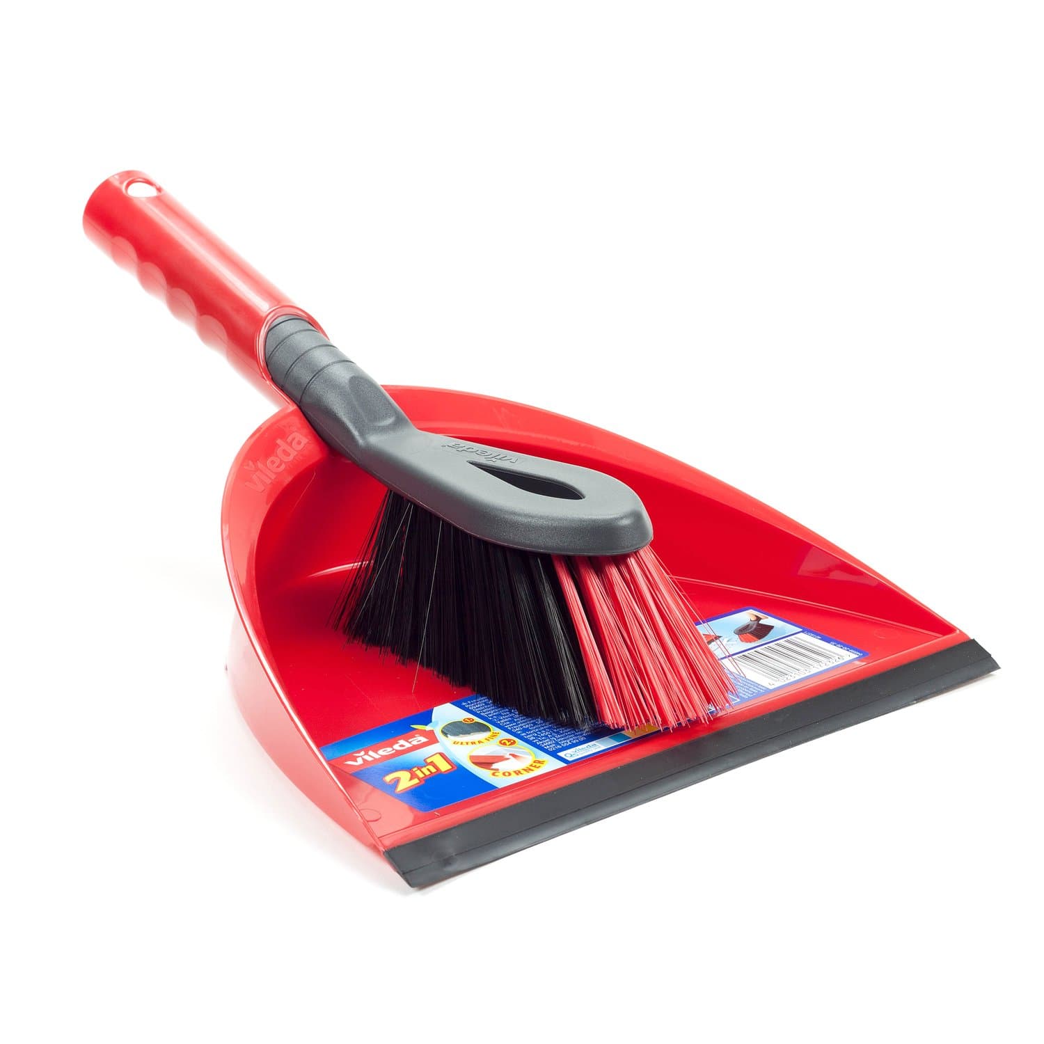 Vileda 2x1 Short Handle Dustpan Standard – Dustpan And Brush, Ultra-Thin Black Fibers, Red Fibers, Ergonomic, Versatile, - Red & Black (25 x 5 x 35 cm)