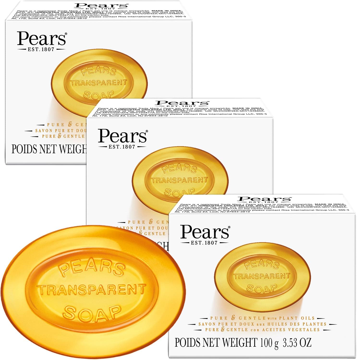 Pears Glycerin Soap, Transparent Amber with Natural Oils, 3-Pack