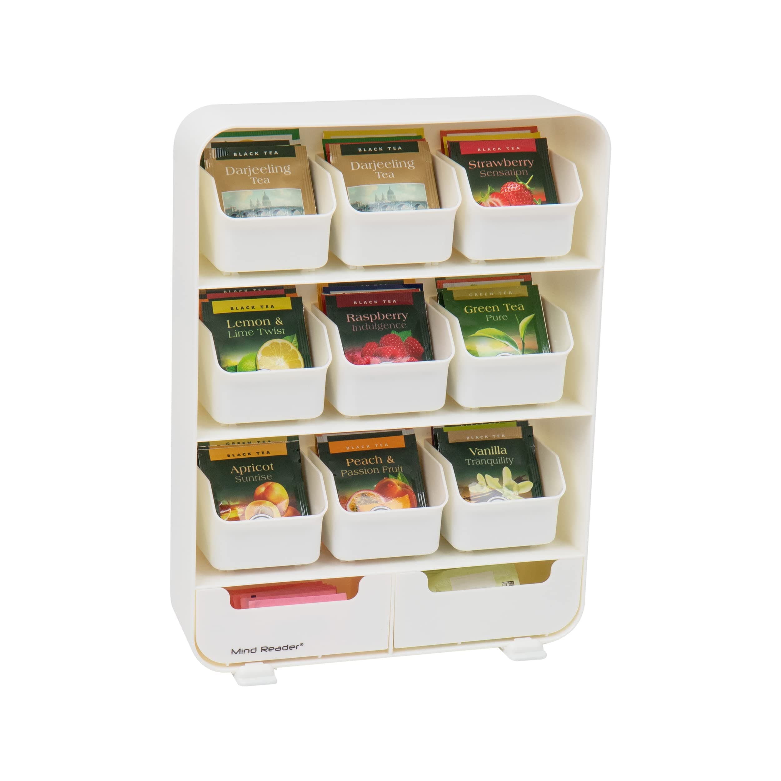Tea Bag Organizer, Tea Station Organizer, Countertop Storage, Kitchen, Plastic, 10.25"L x 3.25"W x 13.75"H, White