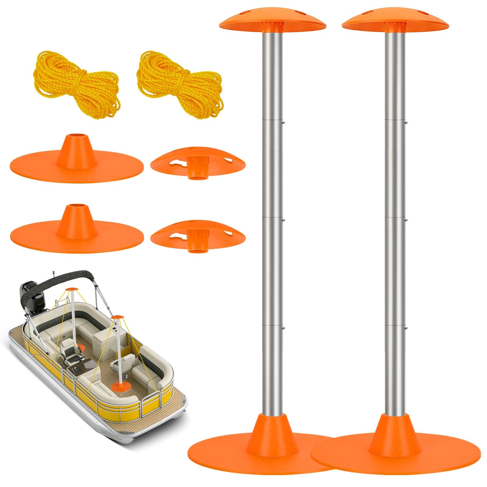 Tuszom Boat Cover Support Pole Systems with Anti-UV PE Ropes & 9" ABS Base, Highly Stable Windproof Support Pole - Adjustbale 1-1/8" in Diameter for V-Hull/Pontoon/Jon Boat Cover (2 Pack)