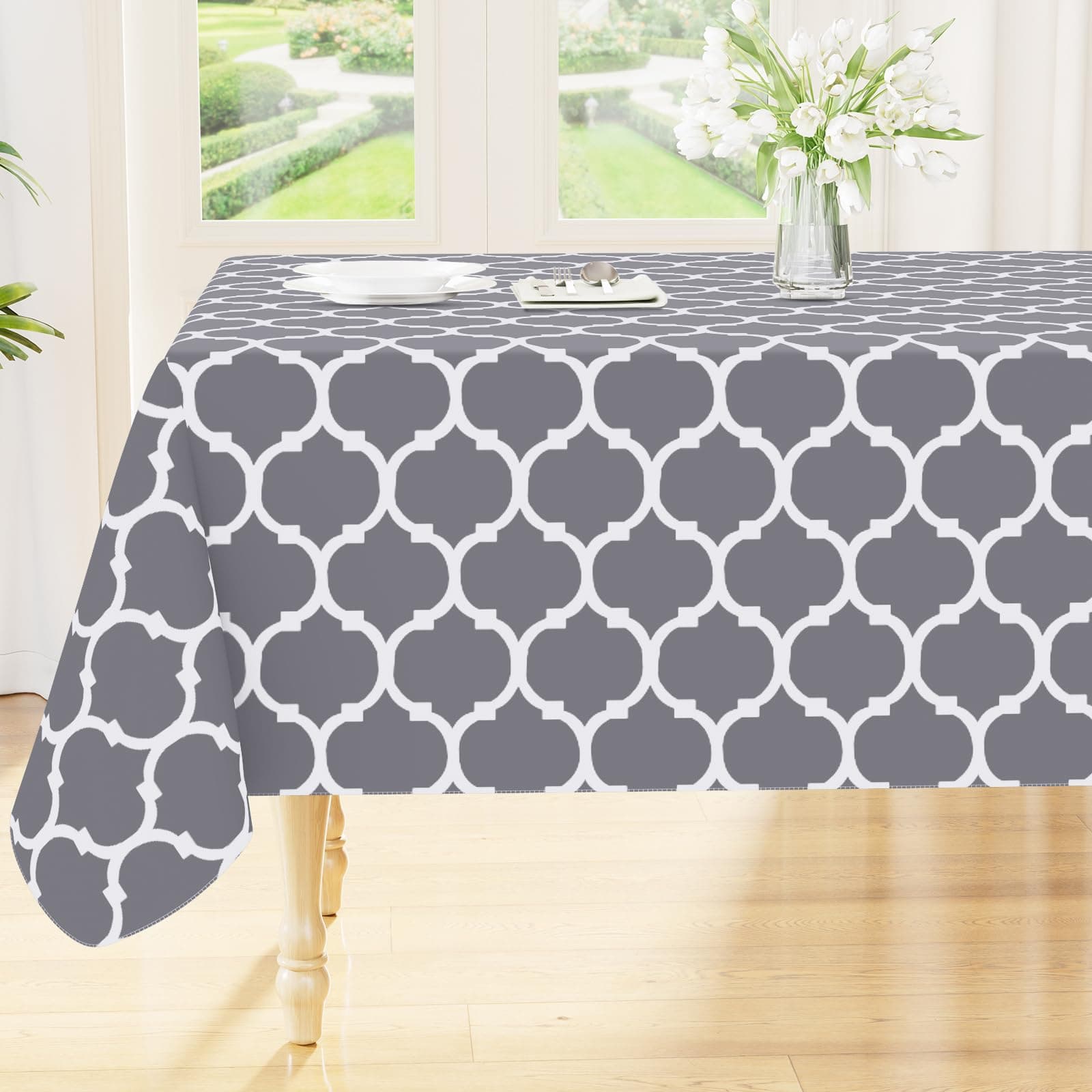 Smiry Rectangle Table Cloth, Waterproof Vinyl Tablecloths with Flannel Backing for Rectangle Tables, Wipeable Spillproof Plastic Tablecloth for Dining, Camping, Indoor and Outdoor (60"x84", Grey)