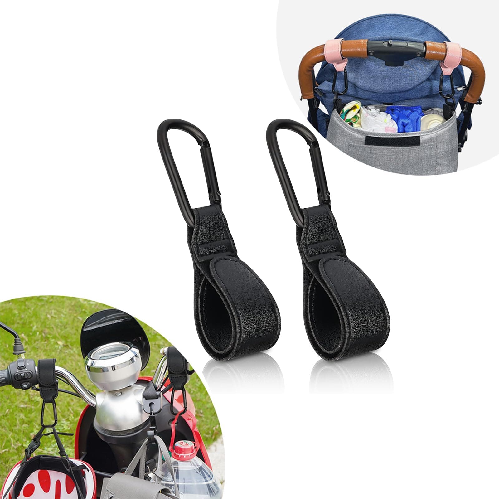 Baby Stroller Hooks for Bags,2 PCS,Universal Stroller Clips and Hooks with Metal Carabiner,Stroller Accessories for Stroller, Bike, Pram, Motorbike, Shopping Cart (Black)