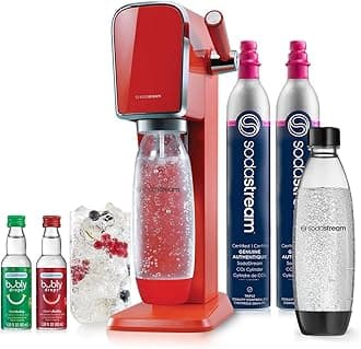 ART Sparkling Water Maker | VALUE BUNDLE | CQC CO2 system | Includes 2x CO2 Cylinders, 2x 32 Fl Oz Dishwasher Safe Bottles, 2x Bubly Flavor Drops | Combine with Flavors | Mandarin Red