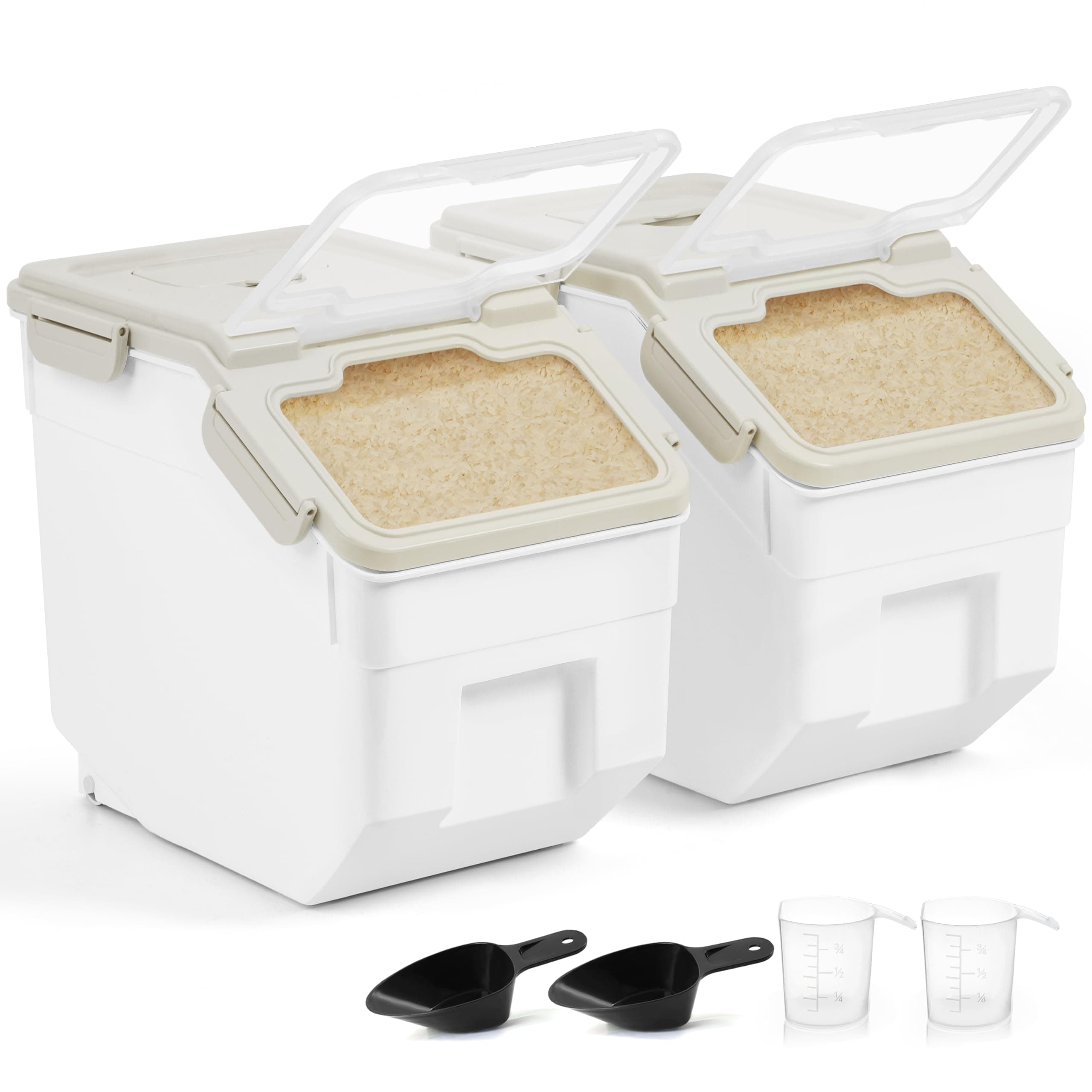 ABOUT SPACE 10-Kg Rice Container (2 Pack) Airtight Rice Storage Container With Measuring Cup & Rice Shovel-Rice Barrel Dispenser-Moisture Proof Kitchen Organiser For Cereals,Pulses-Plastic,White