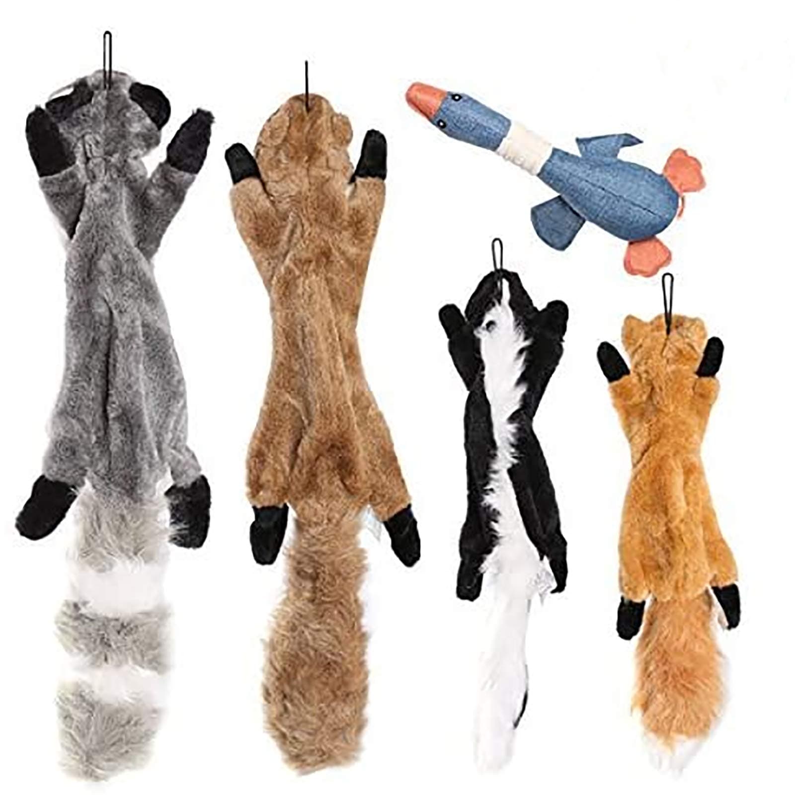 Plush Animal Dog Toy Set, Value Pack 5 Squirrel Squeaky Toys Unstuffed Chew Toys with Storage Bag