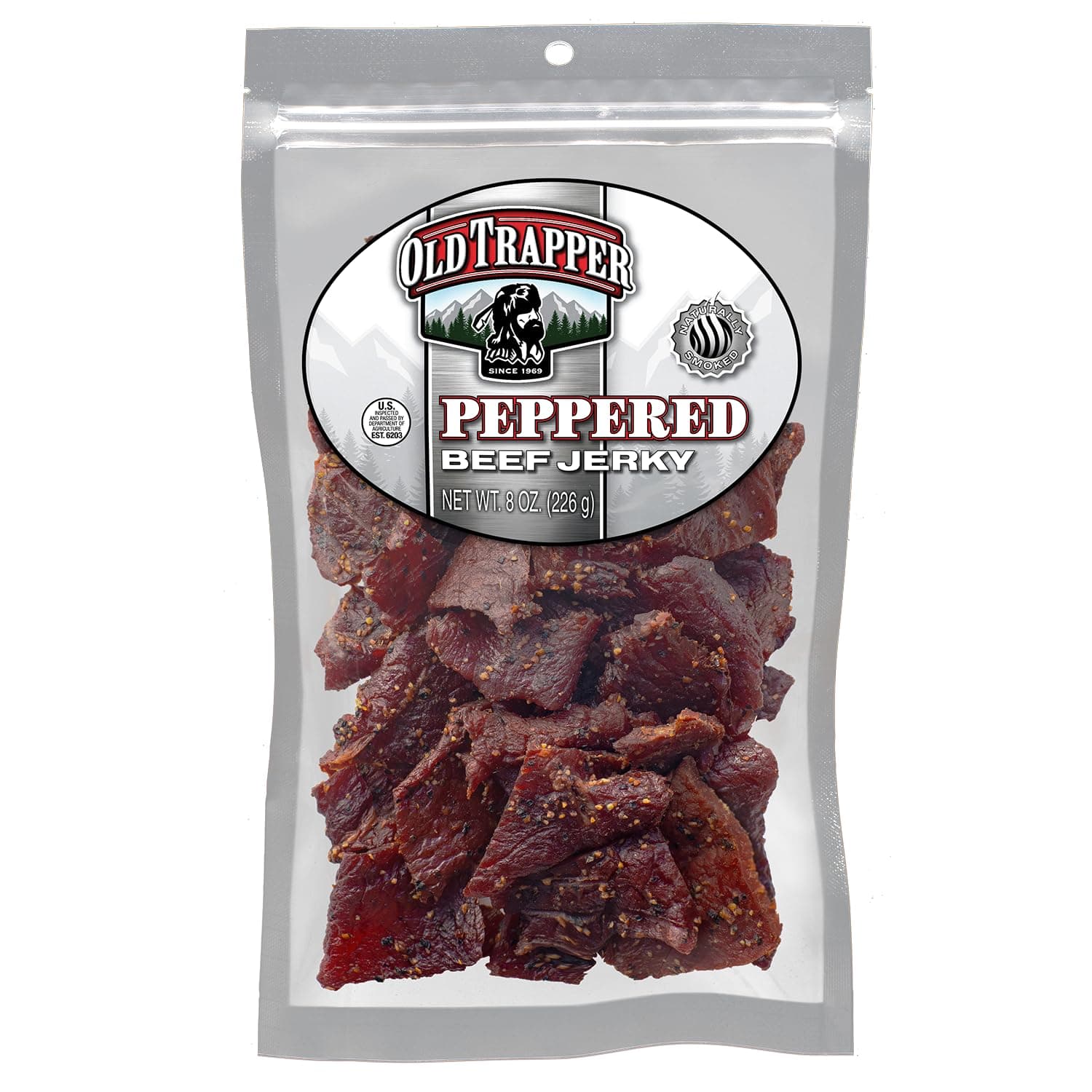 Old Trapper Beef Jerky, Peppered 8 Ounce Pack, Spicy Meat Snacks for Lunches or Between Meals, 11 Grams of Protein, Zero Grams of Fat, and 70 Calories per Serving (Pack of One)