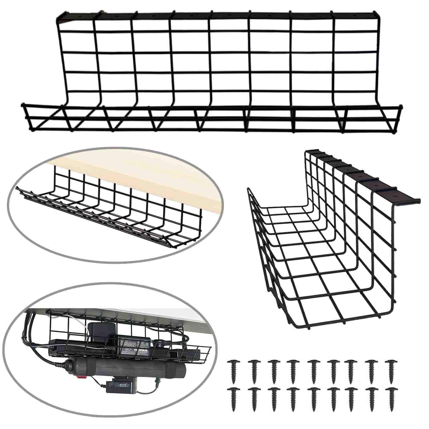 2 Pack Under Desk Cable Management Tray Wire Cord Power Strip Adapter Organizer Steel Metal Cable Tray to Hide Cables and Power Strips Wire Cable Tray Perfect Standing Basket Cord Organizers Black