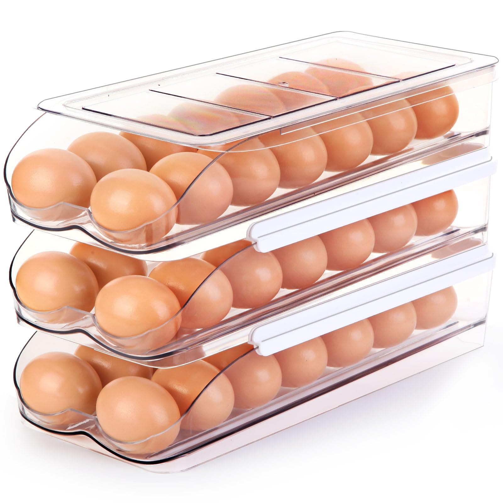 Egg Holder for Fridge, Automatically Rolling Egg Container for Refrigerator, Clear Plastic Fridge Organizers and Storage with Lid, Stackable Egg Dispenser & Tray (3 Tier)