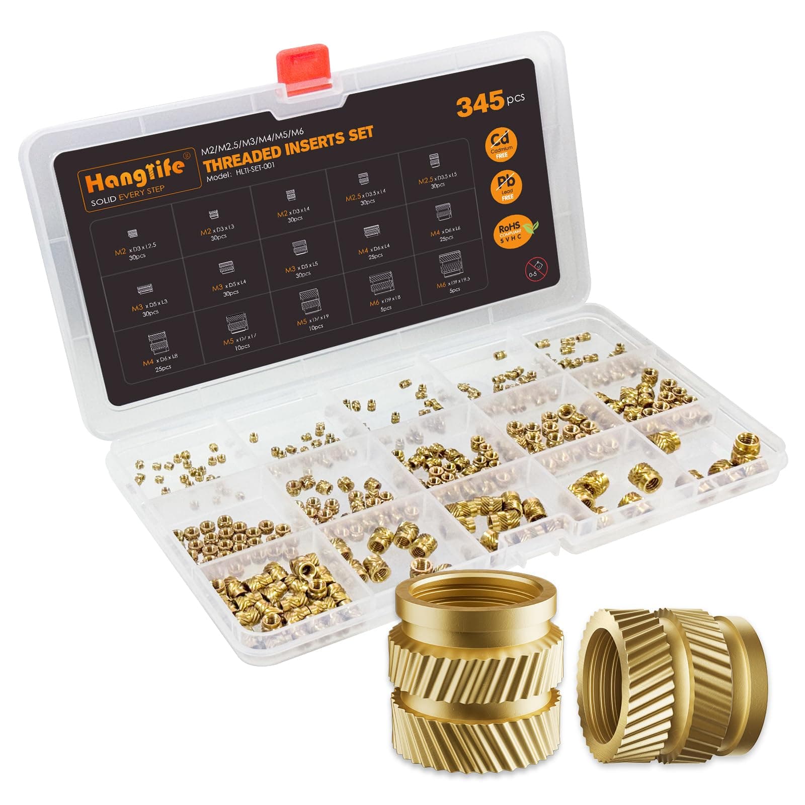 HANGLIFE Heat-Set Threaded Inserts, M2 M2.5 M3 M4 M5 M6 Assortment Box (345 Pieces) Heat Set Insert for 3D Printing Components and Plastic Parts - Brass Metric Knurled Nuts