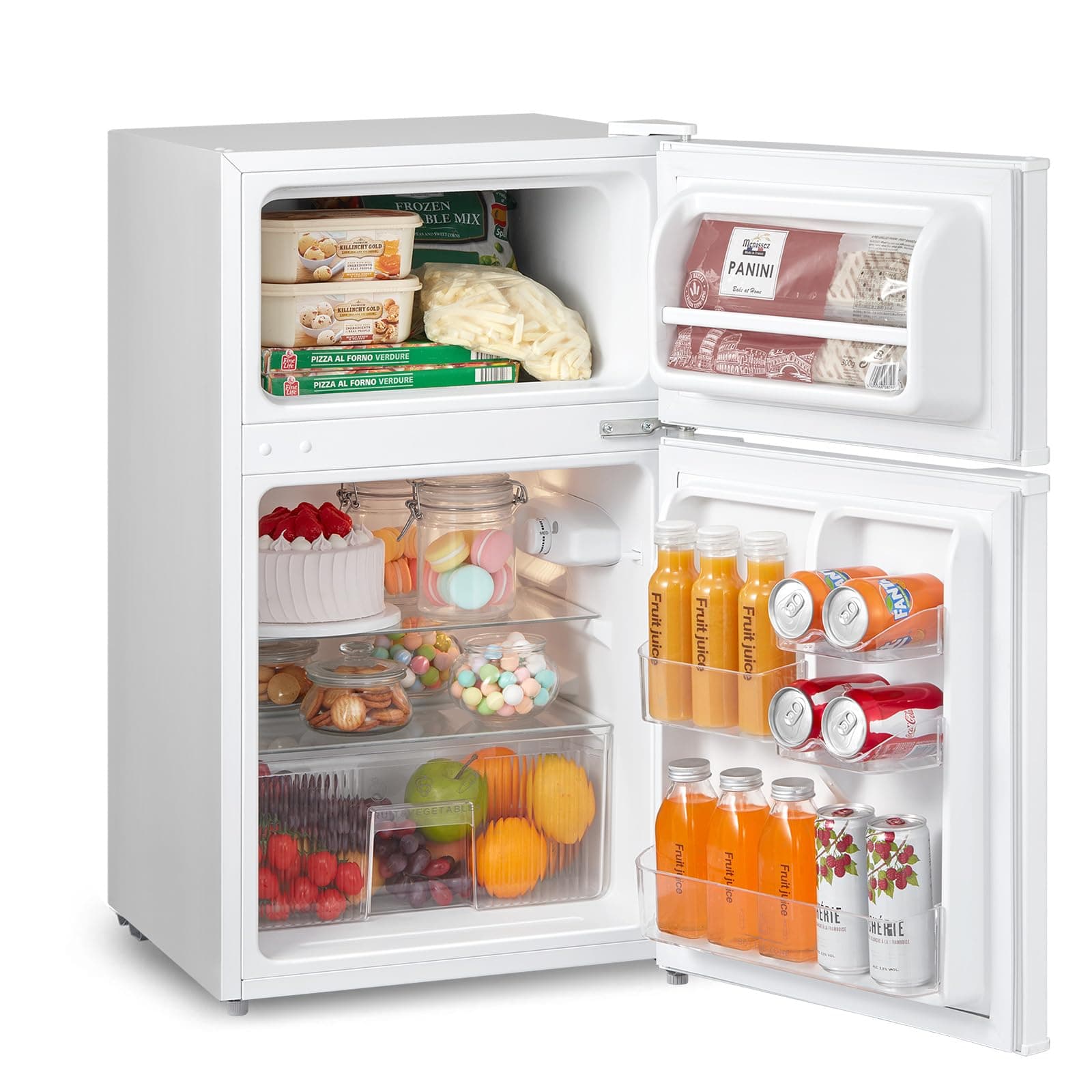 COMFEE' RCT87WH2(E) Under Counter Fridge Freezer, 87L Small Fridge Freezer with Light, Removable Shelves, Adjustable Thermostats, Reversible Doors, White