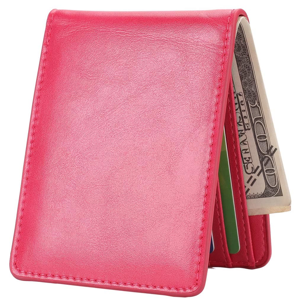 Mens Slim Front Pocket Wallet ID Window Card Case with RFID Blocking - Hot Pink