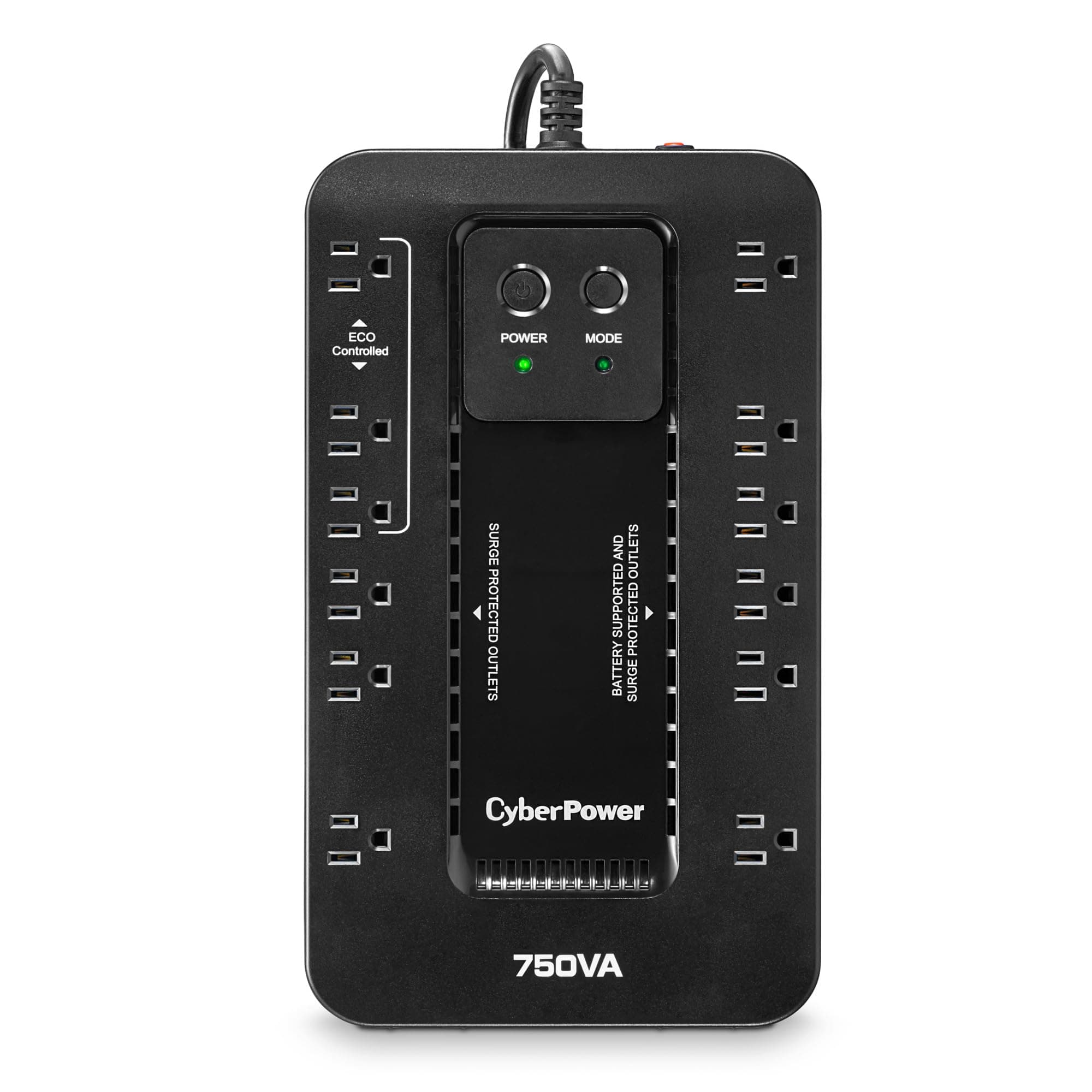 EC750G Ecologic Battery Backup & Surge Protector UPS System, 750VA/450W, 12 Outlets, ECO Mode, Compact Uninterruptible Power Supply, Black