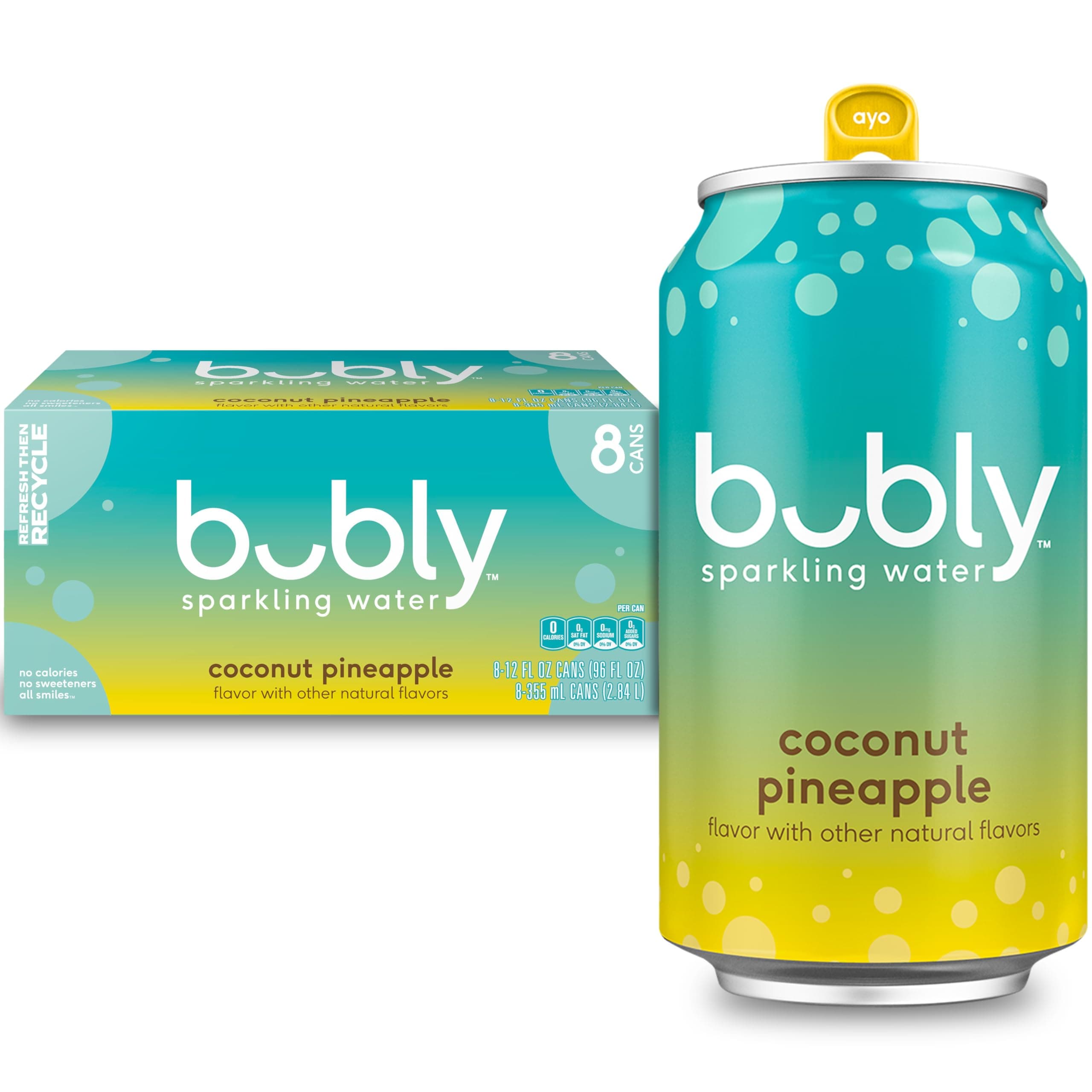 bubly Sparkling Water, Coconut Pineapple, Zero Sugar & Zero Calories, 12 Fl Oz Cans (Pack of 8)