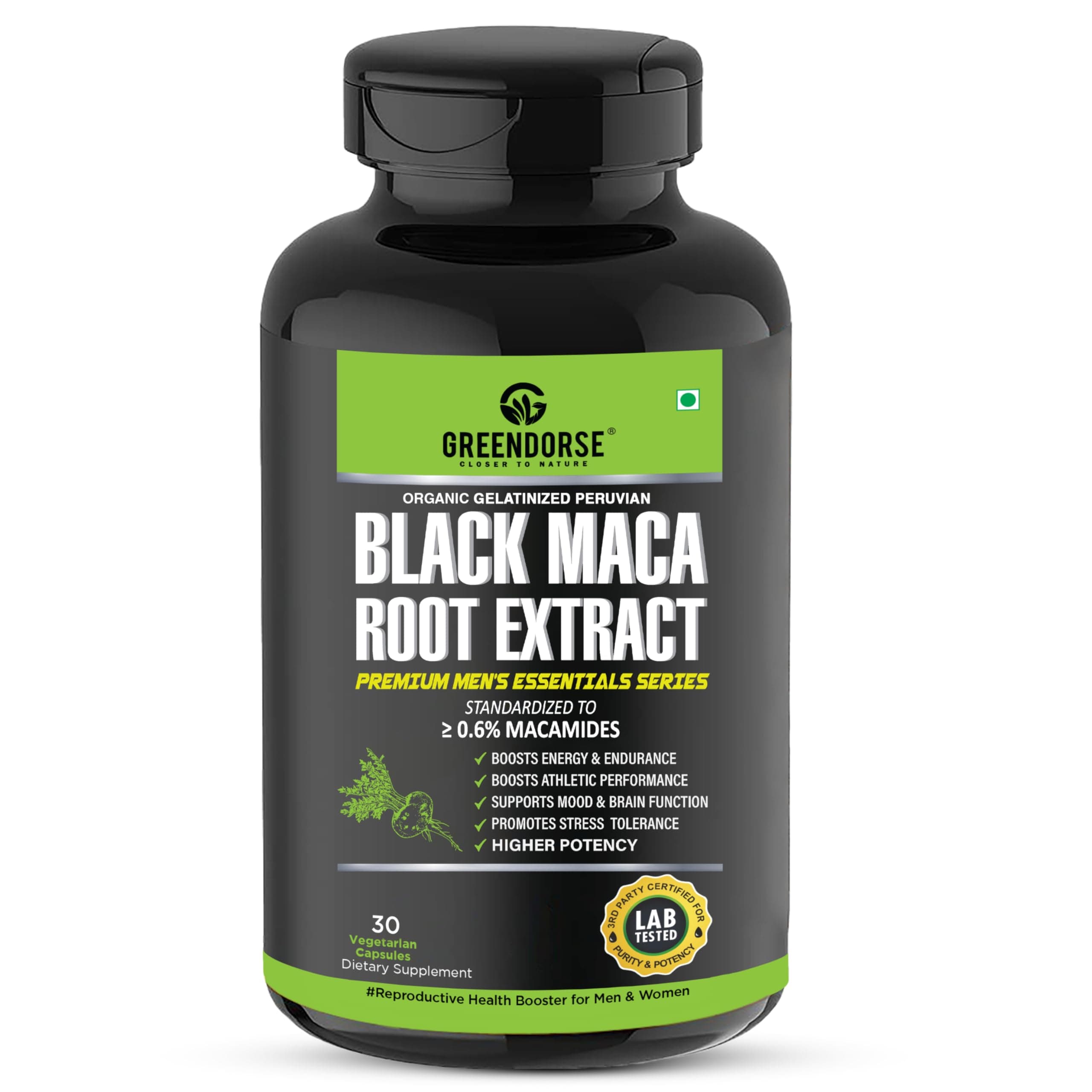 GREENDORSE Peruvian Black Maca Root Extract Capsules (Equivalent to 19000mg) |Gelatinized & Standardized 0.6% Macamide| For Energy, Endurance, Performance, Menopause- 30 Veg Capsules
