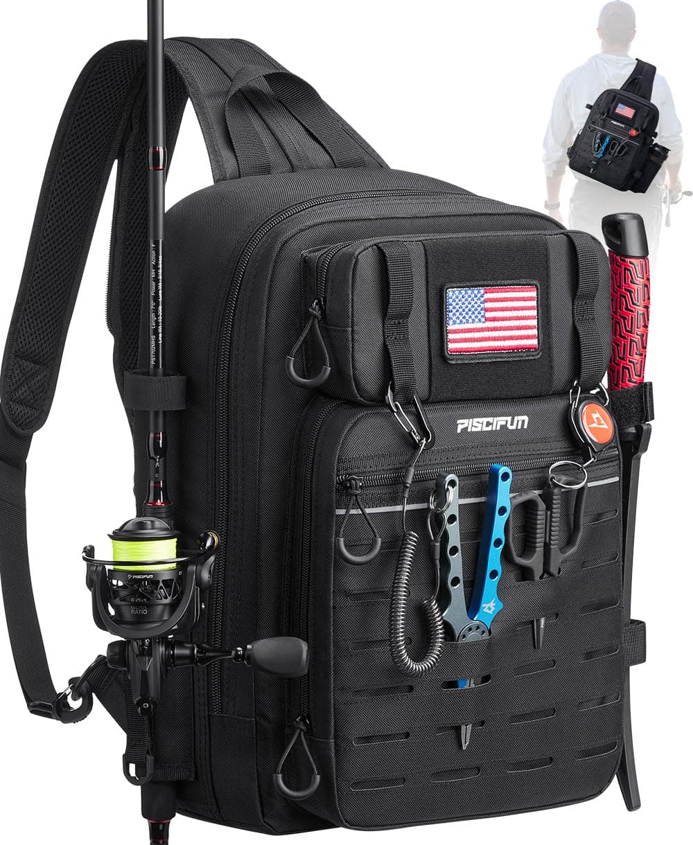 Piscifun Fishing Backpack Tackle Bag with 2 Rod Holders, Multi-Compartment Storage, MOLLE System, Water-Resistant Lightweight Outdoor Pack