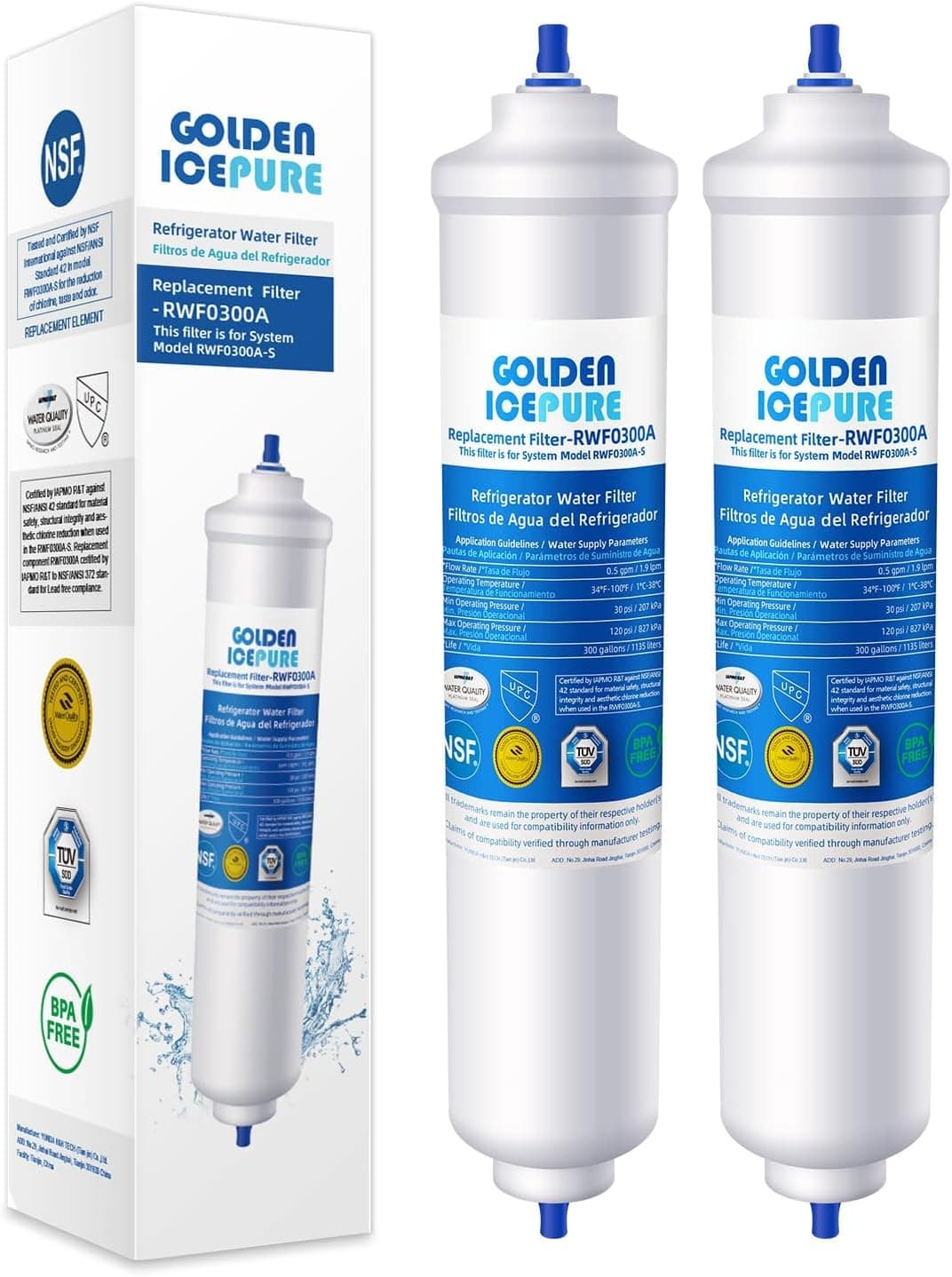GOLDEN ICEPURE RWF0300A Inline Water Filter Replacement for GE® GXRTQR, Samsung HAFEX/EXP, DA29-10105J, Whirlpool WHKF-IMTO, Refrigerator Water Filter 2 PACK
