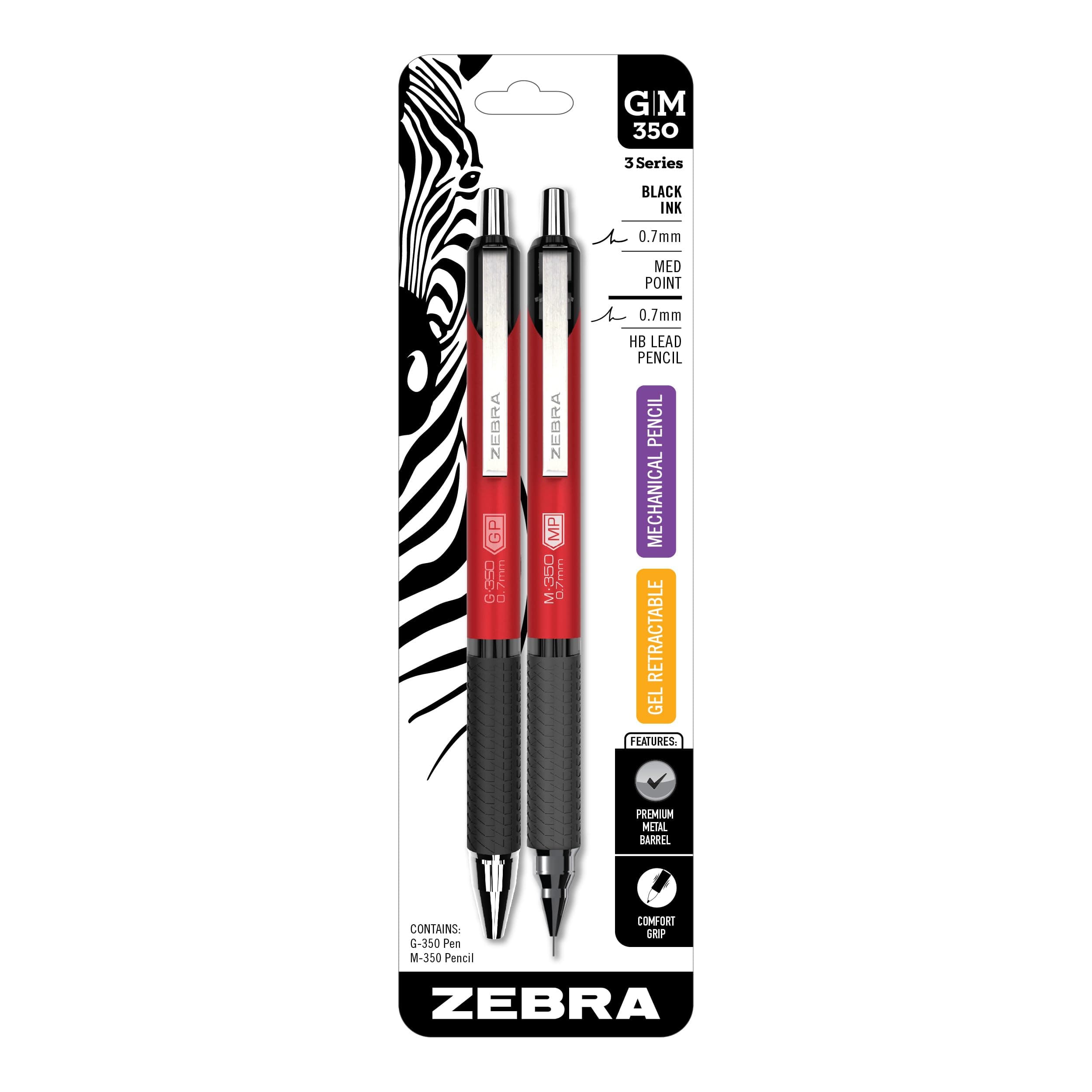 Zebra Pen G-350 + M-350 Writing Set 2-Pack, Black Ink & Pencil Lead, 0.7mm Medium Point, Red Premium Metal Barrel, Gel Pen and Mechanical Pencil Combo, Sleek Matching Design (11132)