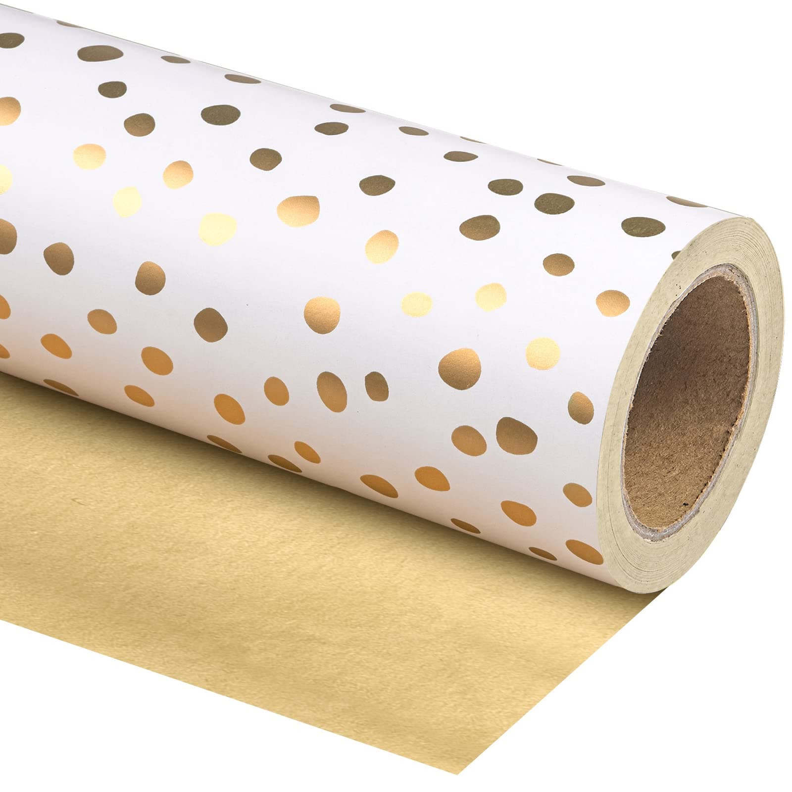 Reversible Wrapping Paper - Mini Roll - 17 Inch X 33 Feet - Gold Print and Delicate Polka Dots Design for Birthday, Christmas, Wedding, Baby Shower