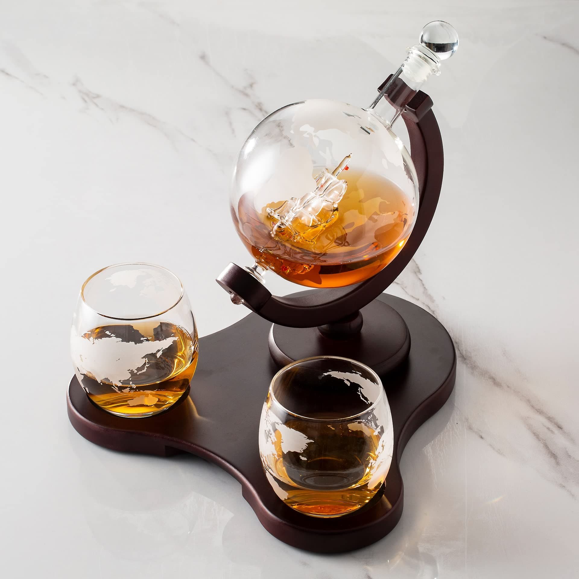 Whiskey Globe Decanter Set with 2 Glasses in Gift Box - Whiskey decanter for Liquor, Whiskey, Brandy, Gin, Rum, Tequila, Vodka, and Brandy - Home Bar Accessories for Men and Women