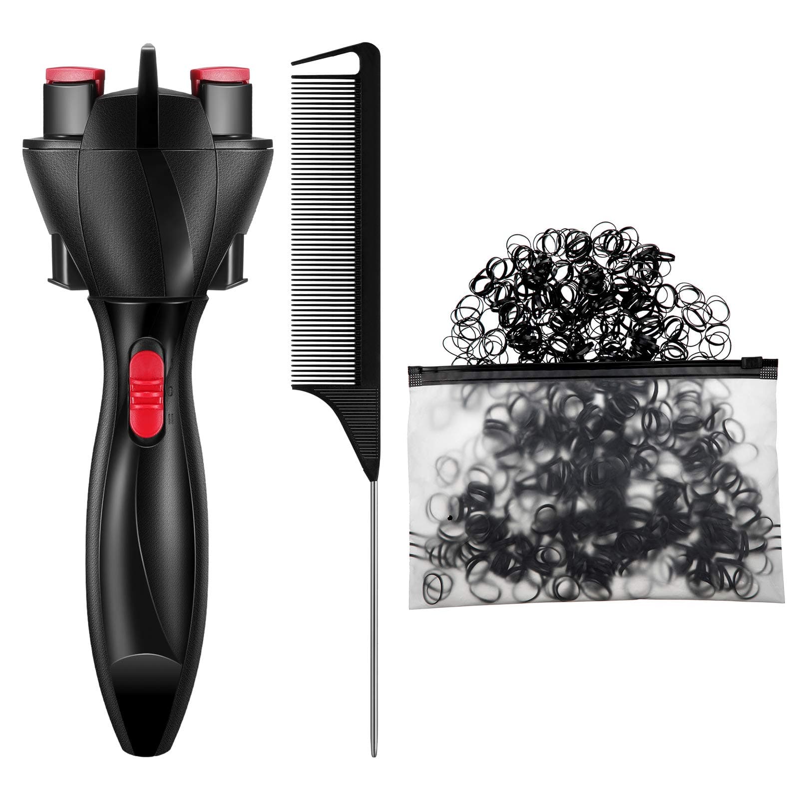 Automatic Hair Braider with 800 Mini Rubber Bands, Tail Comb & Electronic Braiding Machine - Roller Styling Tool for Tangling (Black)