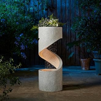 Glitzhome Outdoor Water Fountain with LED Light, Decorative Tiered Curved Waterfall Fountain with Stone Planter, Faux Terrazzo Spiral Shaped Outdoor Fountains for Garden Deck Patio Porch, 31.25”H