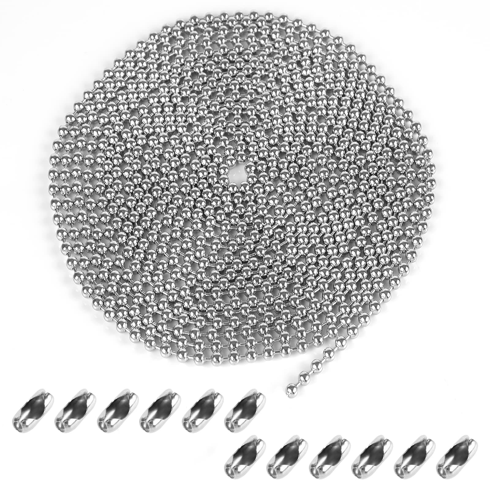 Roller Blind Chain 5 Meter/16.4 Feet, 4.5mm Blind Beads, Rust-proof Silver Blind Cord Replacement, with 12pcs Chain Connectors