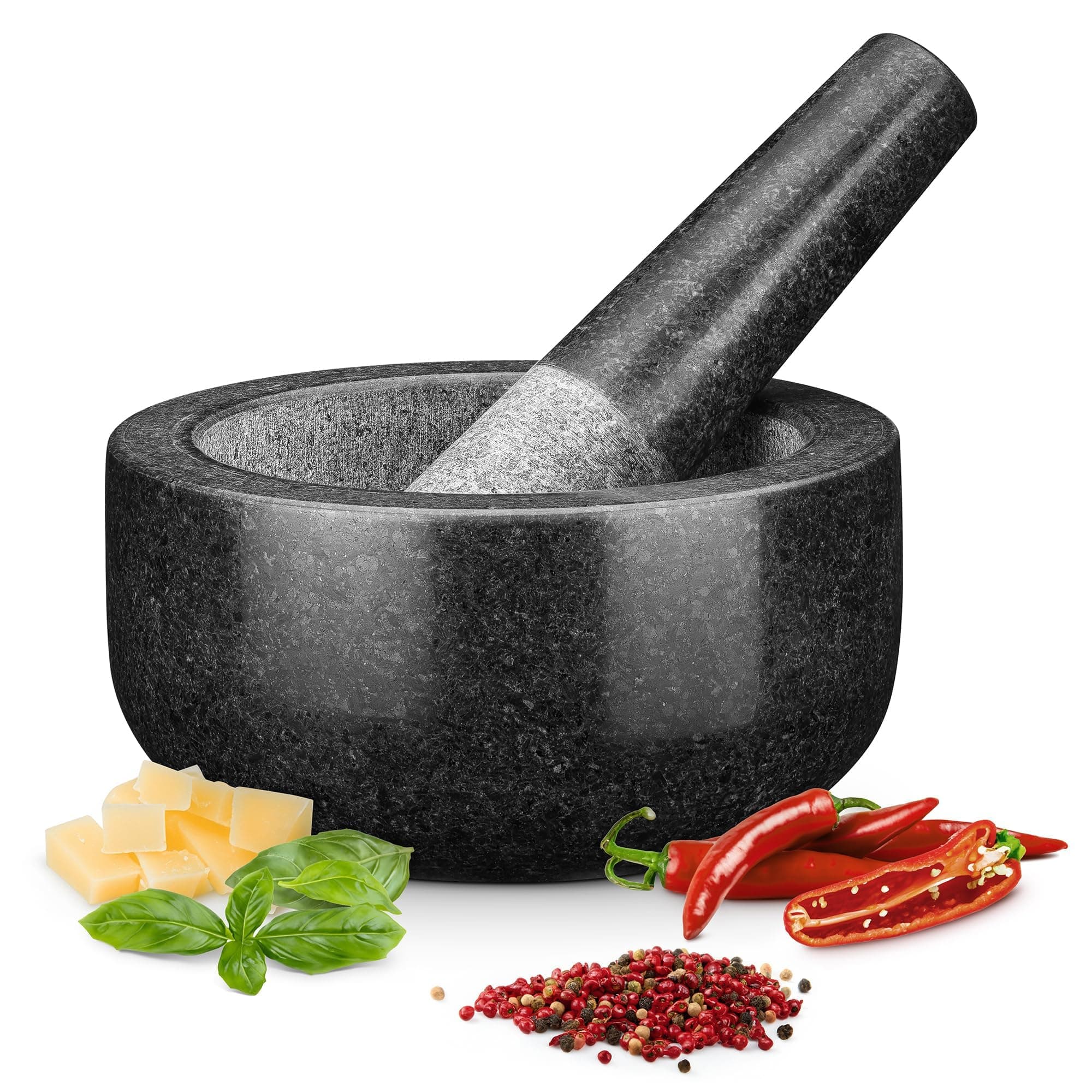 Pestle and Mortar Set Large Premium Solid Granite Stone Black - 16cm(6.3") Diameter