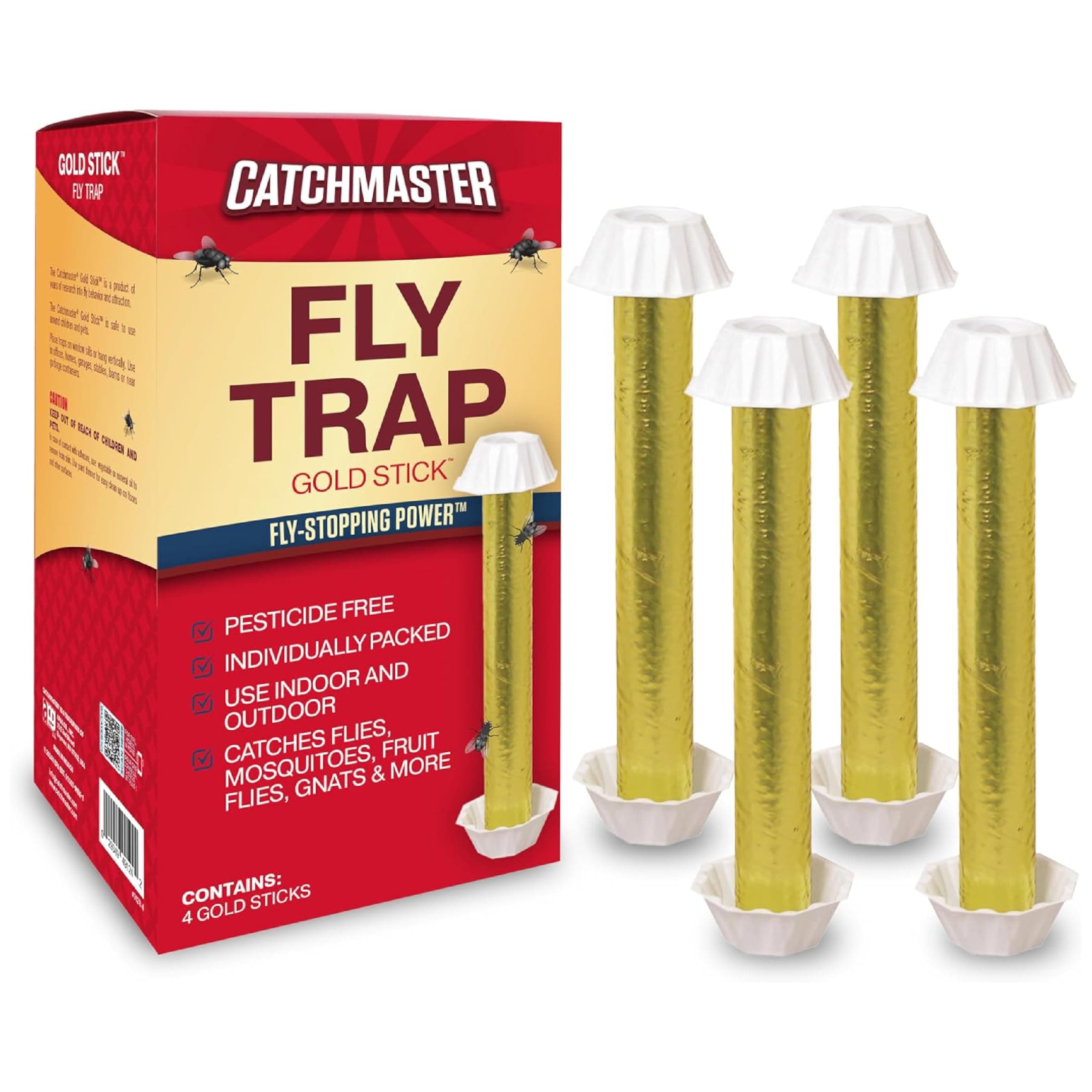 Catchmaster Gold Stick Fly Trap 4-Pk, Bug & Fruit Fly Traps for Indoors & Outdoors, Premium Adhesive Mosquito, Gnat, & Bug Catcher, Insect Killer, Bulk Pest Control for Home
