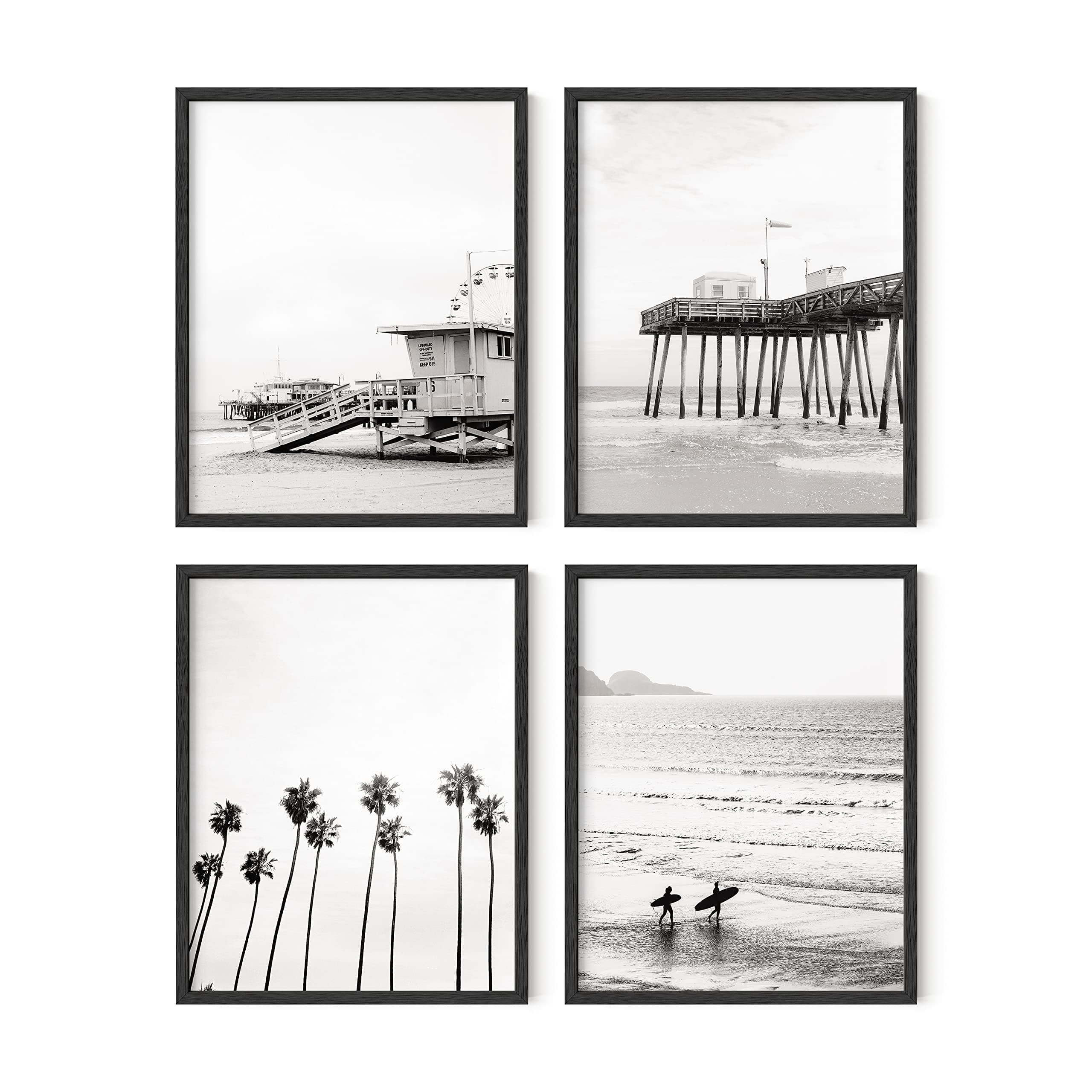 HAUS AND HUES Black and White Beach Wall Art – Set of 4 Ocean-Themed Posters, Coastal Wall Decor, Minimalist Beach Prints (Black Frame, 11x14)