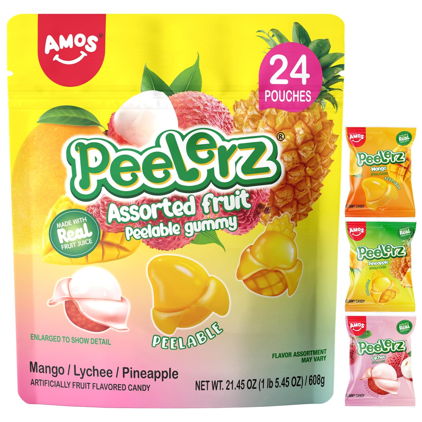 AMOS Peelerz Assorted Peelable Gummy Variety Pack, Lychee Mango Pineapple, 24 Individually Wrapped Packs (608g), Fun Chewy Shareable Easter Treats for Baskets & Festivities