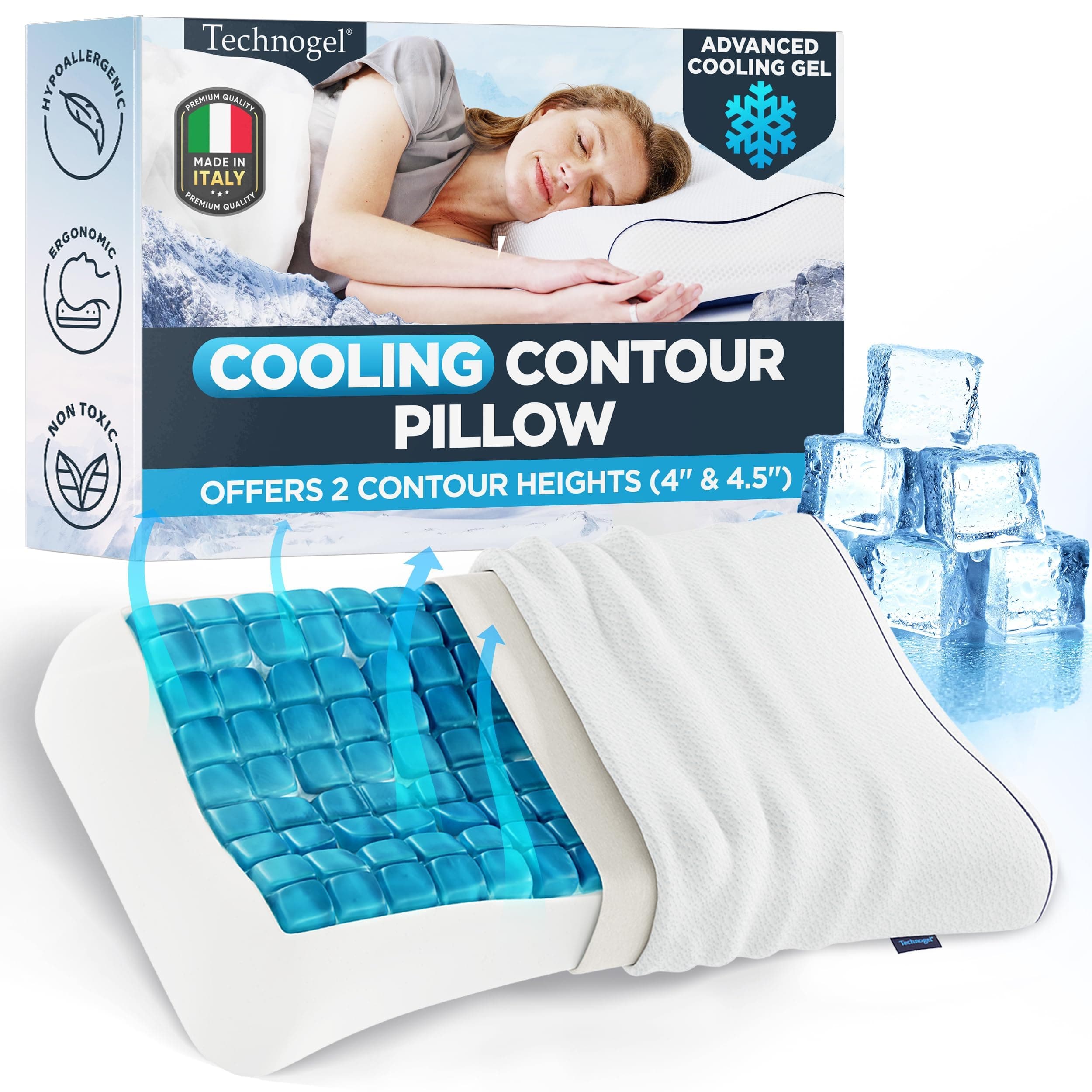 Contour Pillow with Cooling Gel – Ergonomic Neck, Shoulder and Cervical Support – Memory Foam with Temperature Regulation – for Back, Side Sleeper - Dual Heights Design, (4" & 4.5")