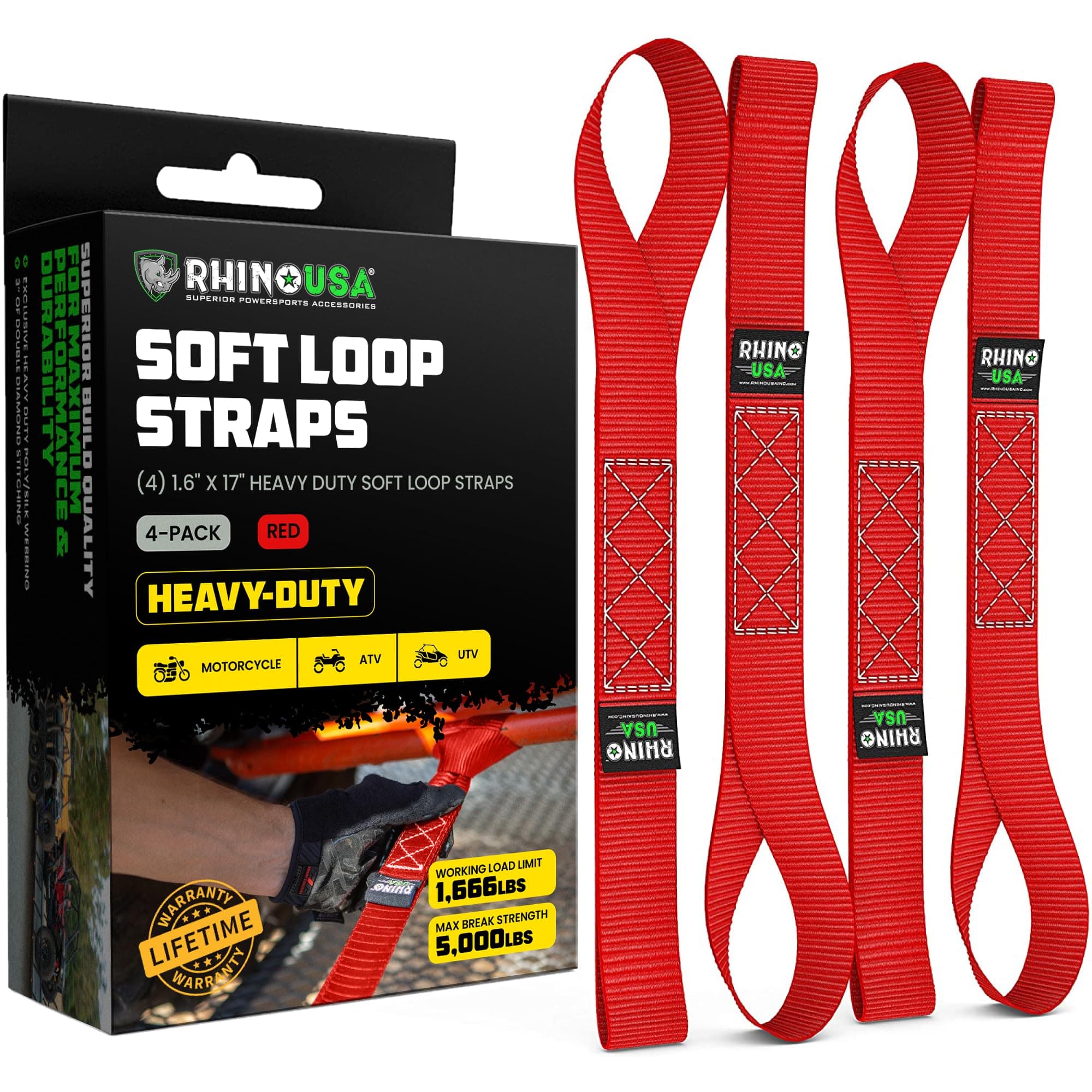 Rhino USA Soft Loop Tie Down Straps (4-Pack) - 1.6 Inch x 17 Inch (5,000 lbs Break Strength) Heavy Duty Motorcycle Handlebar Straps for use with Ratchets for ATV, UTV, Dirt Bike (Red)