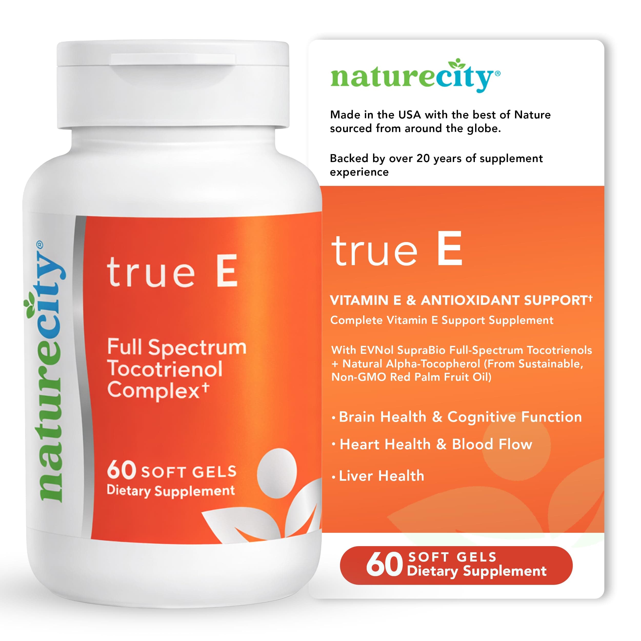 True-E Full Spectrum Tocotrienols Vitamin E & Natural Alpha Tocopherol Supplement | Sustainable Vitamin E Tocotrienols from Evnol Suprabio | Non-GMO Vitamin E Complex | 60 Soft gels