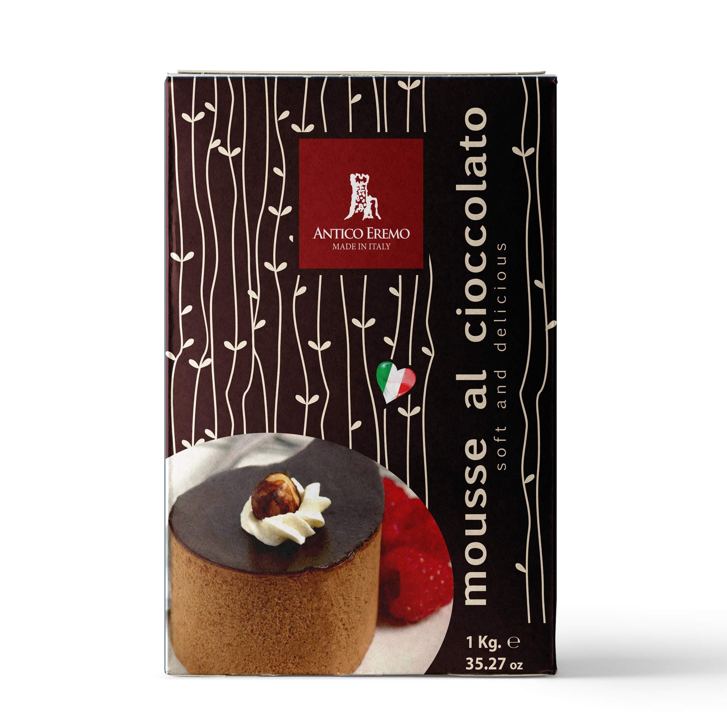 AE Chocolate Mousse. Instant dessert Mix for Chocolate Mousse. Each box contains 4 bags of 35.3 Oz each for 48 total servings. Made in Italy by Antico Eremo. Net weight 2.2 Lb- Imported from Italy