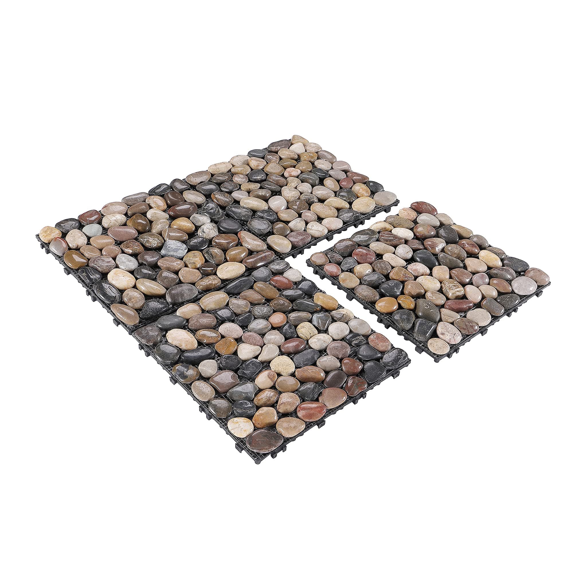 PURE ERA Pebble Interlocking Floor Deck Tiles Polished Real Stone Tile Indoor Outdoor Use 12”x12” (4Pcs, 4 sq. Ft, Polished Mixed Color)- Great Upgrade to Patio Backyard Pathway