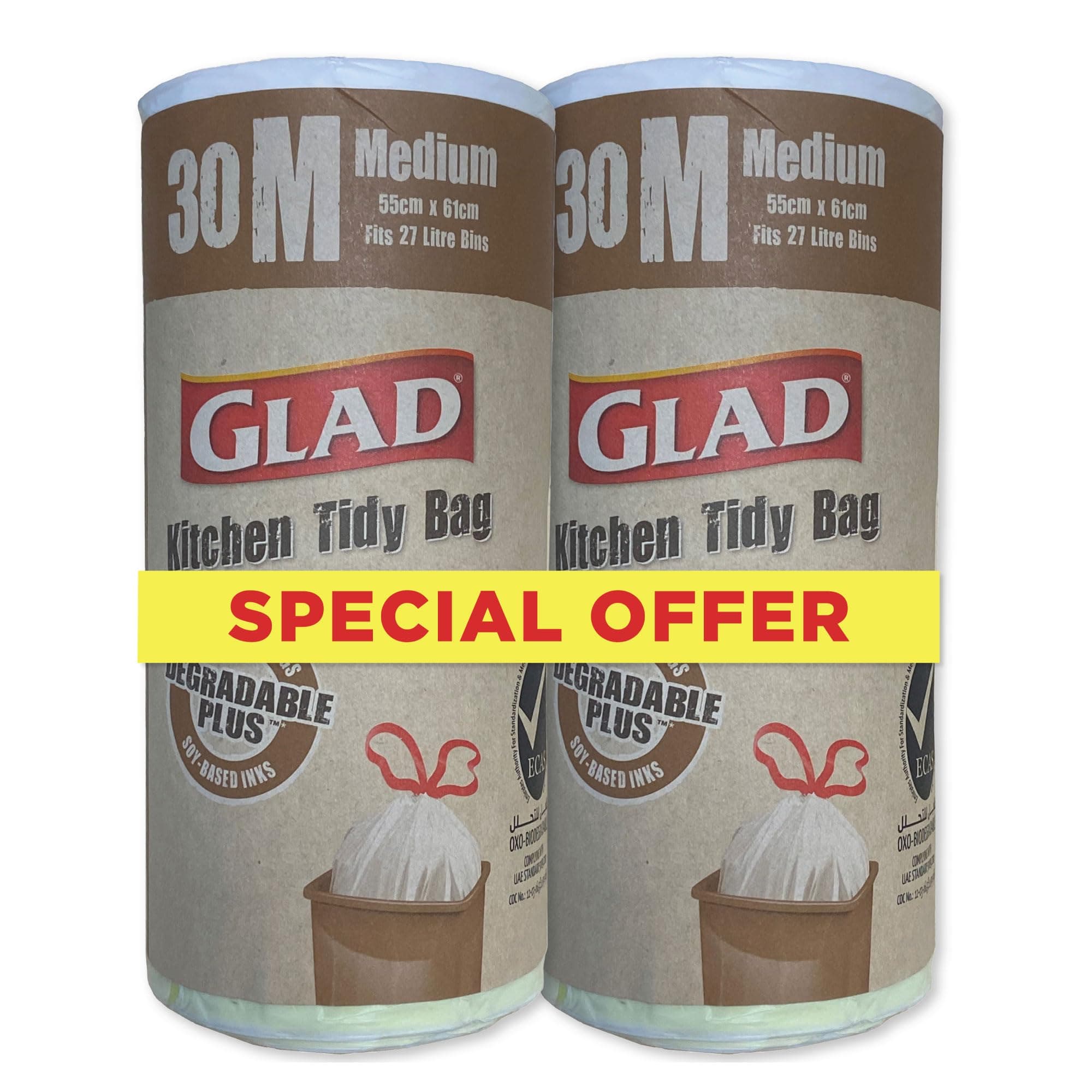 Kitchen Tidy Degradable Plus Garbage Bag, Dual Pack 30 Medium Black Trash Bags, Easy Closure and Removal, Strong and Durable, Odor Eliminating Garbage Bags