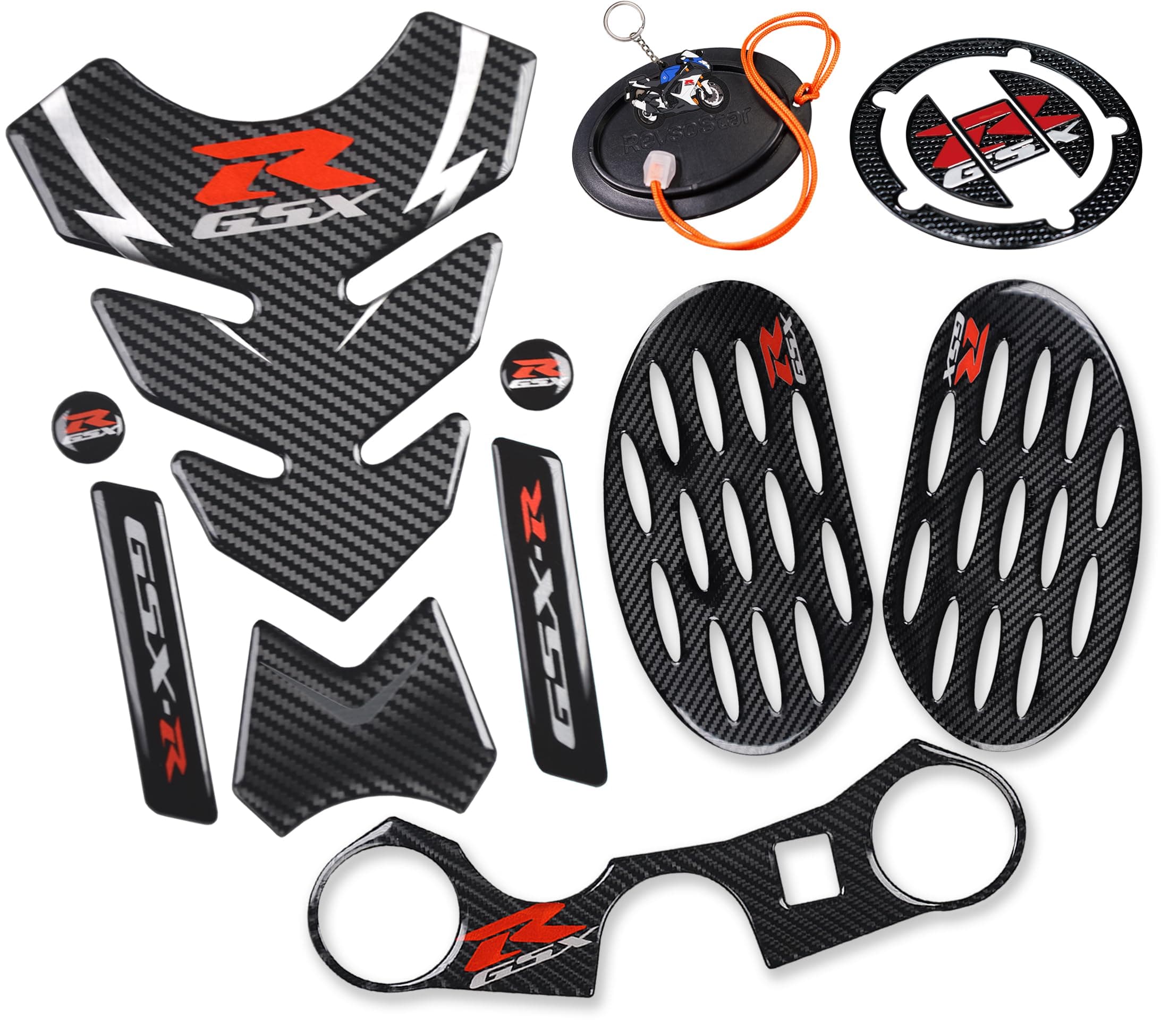 REVSOSTAR Real Carbon Look Gas Cap, Tank Pad, Triple Tree Front End Upper Top Clamp Decal Stickers,Tank Protector with Keychain for GSXR 600 GSXR 750 GSXR 1000 K6 K7 K8 K9 L1 2006-2017, 6Pcs Per Set