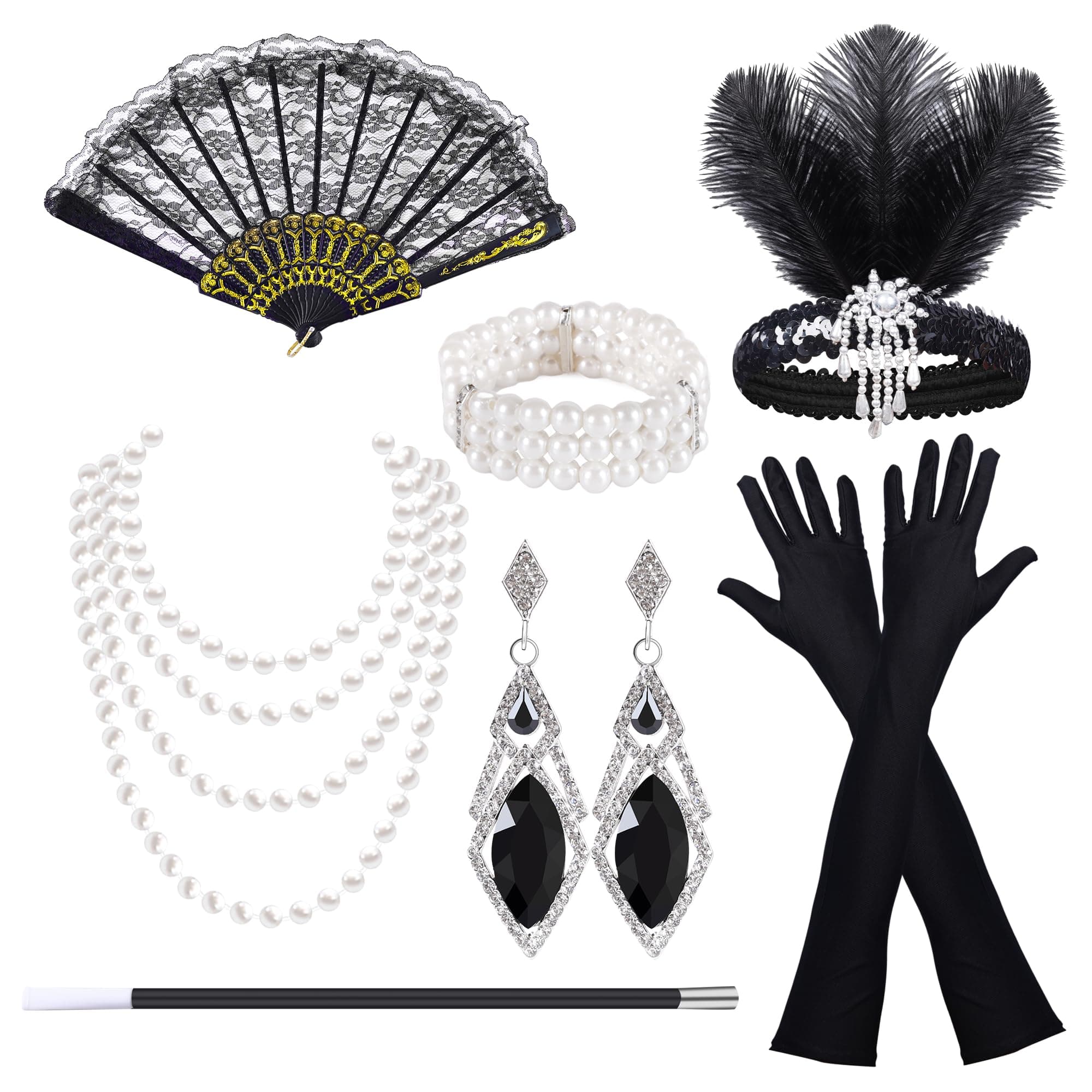 1920s Flapper Great Gatsby Accessories Set Roaring 20's Theme Set for Women, Retro Carnival Festival Halloween Christmas,with Headband Gloves Necklace Earrings Lace Folding Fan