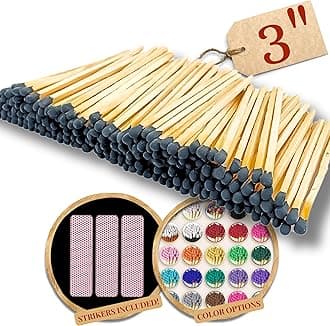 100 Count - 3" Long Black Color Matches | Three Inch Coloful Loose Wooden Safety Match Sticks for Candle Display | Refill Decorative Jar Holder Bottle | Striker Included