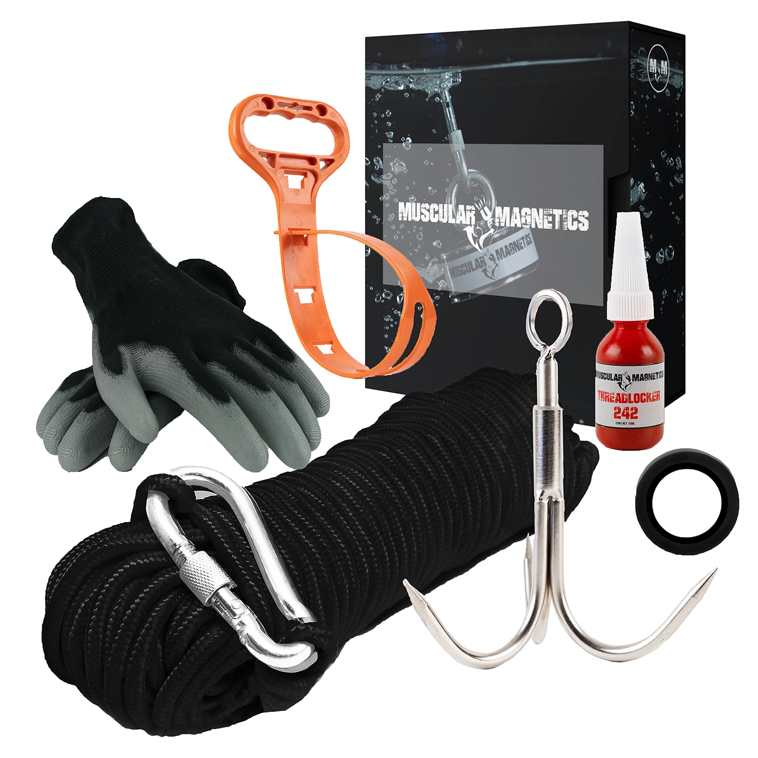 The Ultimate Magnet Fishing Accessory Kit - Includes Large Grappling Hook, 8mm 100ft Rope, Durable Non-Slip Gloves, Threadlocker, Rope Organizer, Tape and a Carabiner