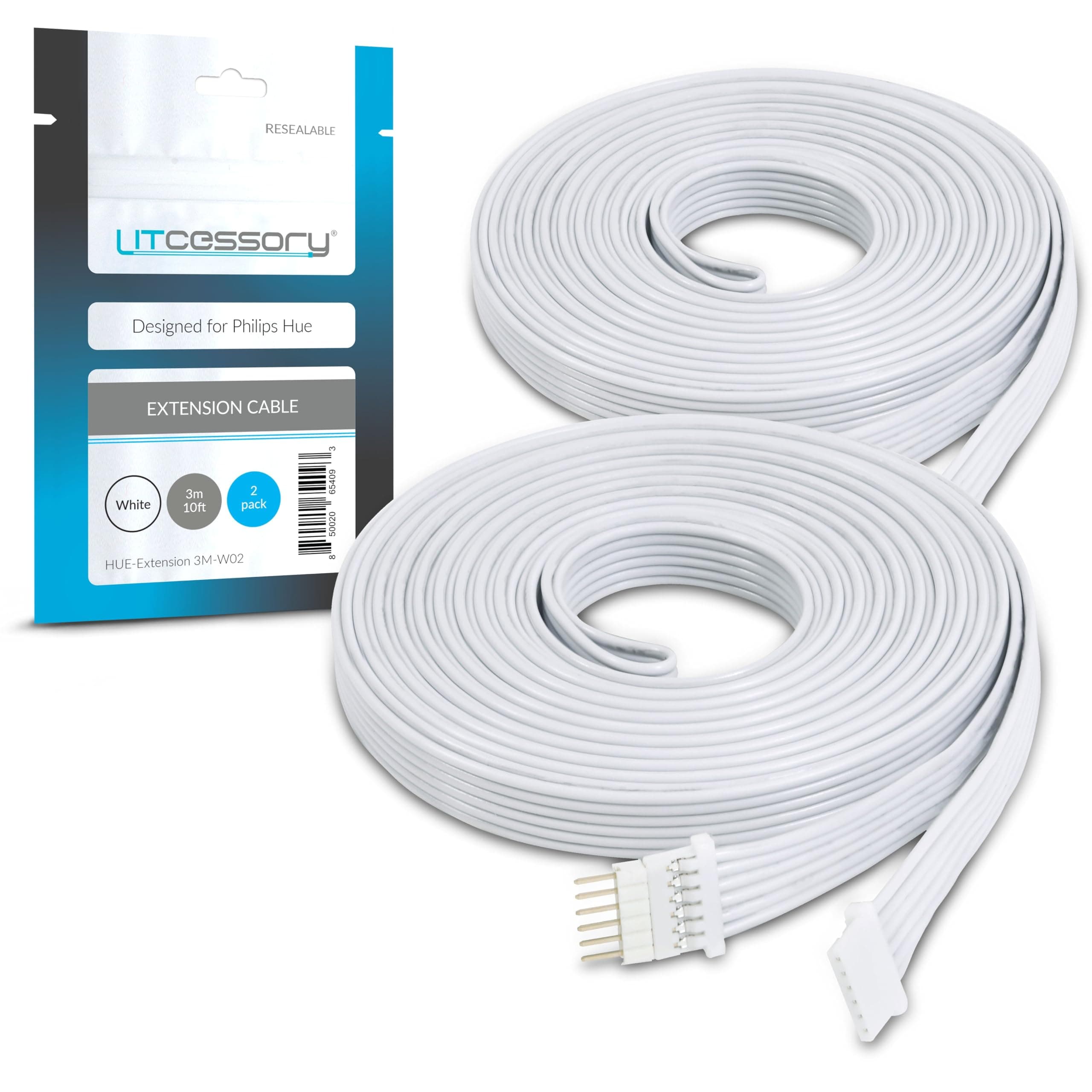 Extension Cable for Philips Hue/Solo Lightstrip (10ft, 2 Pack, White - Micro 6-PIN V4 / Solo Lightstrip)