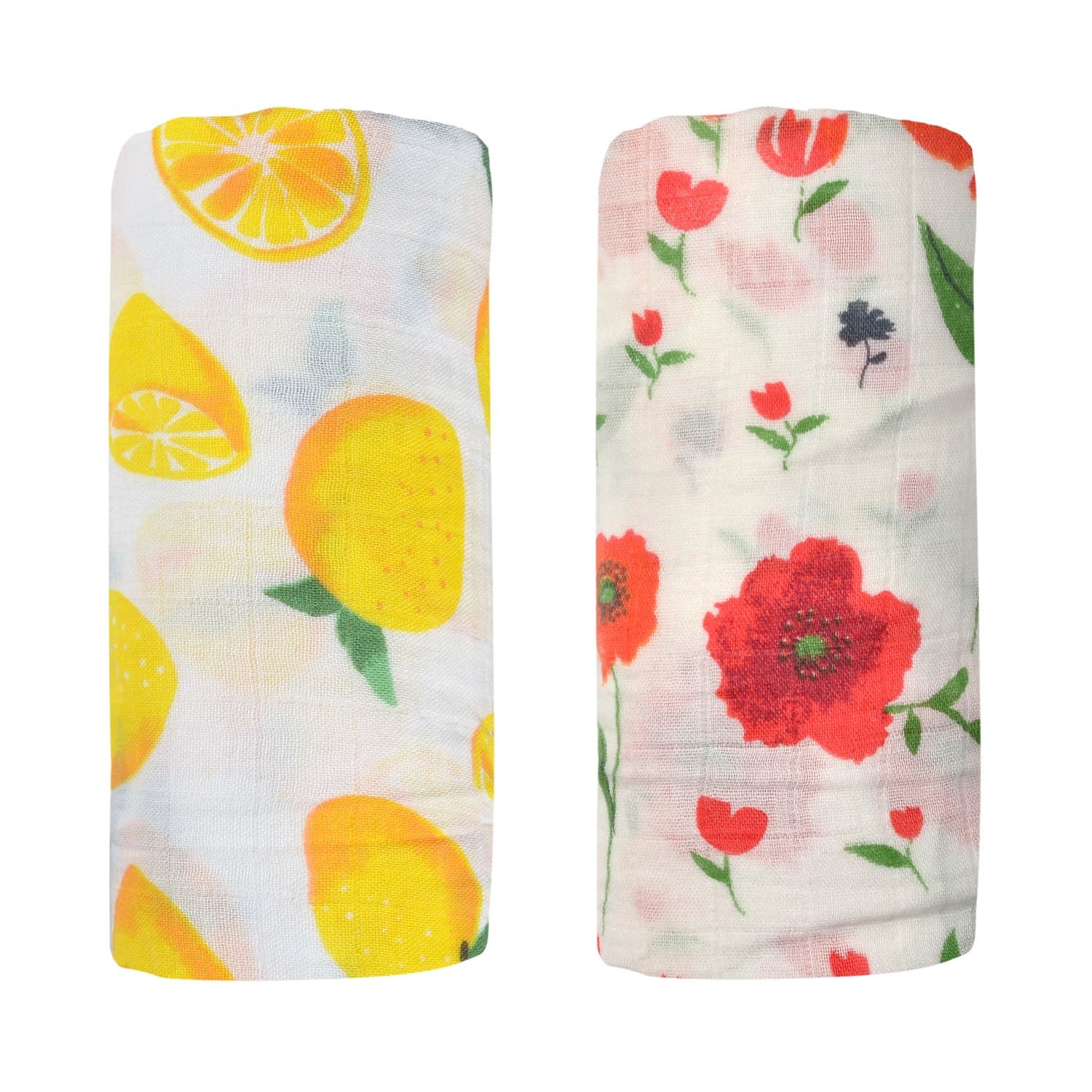 Bamboo Muslin Swaddle Square Blankets - 2 Pack Rose & Lemon Print Baby Receiving Blanket Wrap for Girl Shower Gift by Qav Juh (Rose&Lemon)