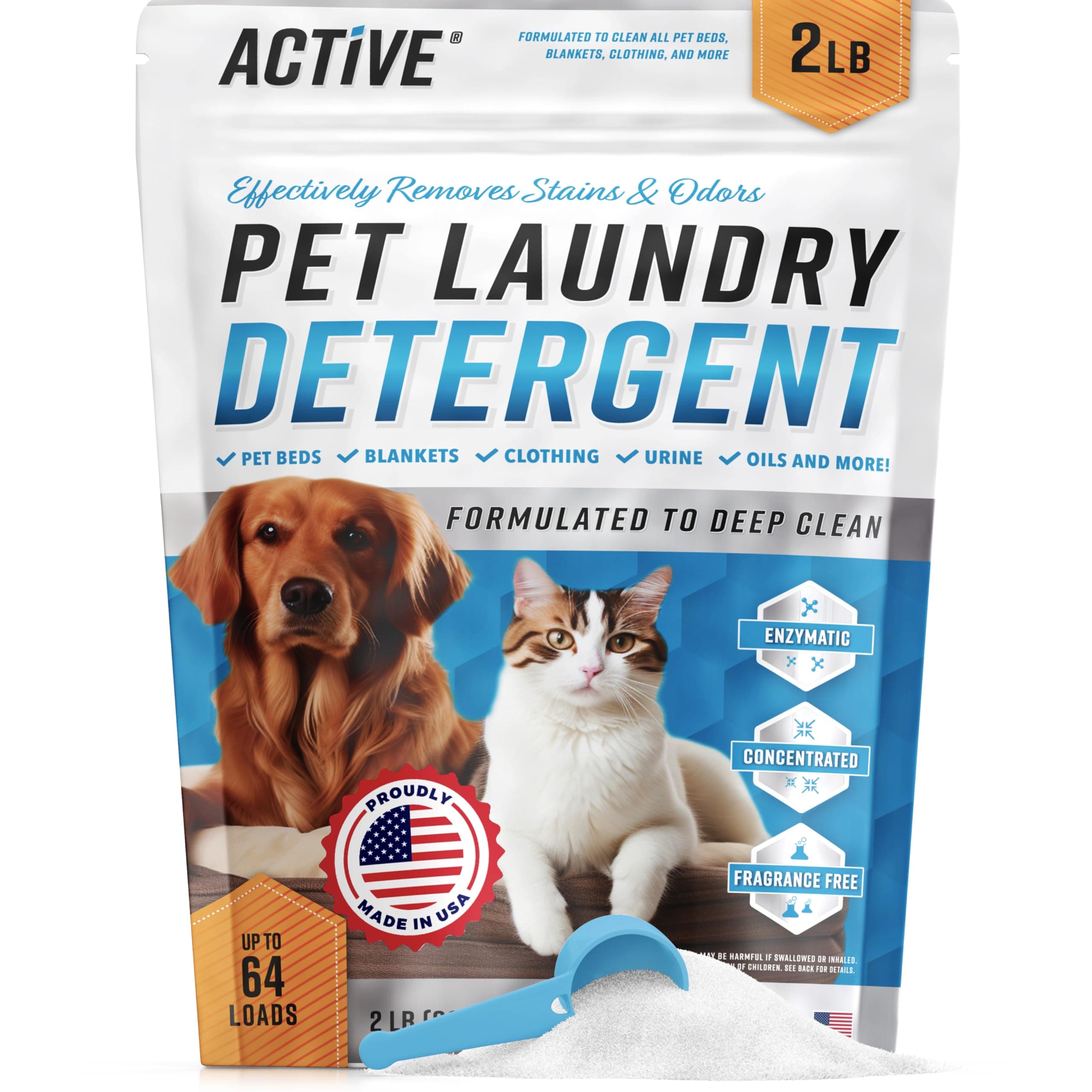 ACTIVE Pet Laundry Detergent Odor Remover - Enzyme Based Powder Detergent for Dogs Beds, Cat Pee, HE Washer Friendly Natural Enzymatic Deodorizer, Urine, Smell, Dog Drool, Stain Eliminator - 64 Loads