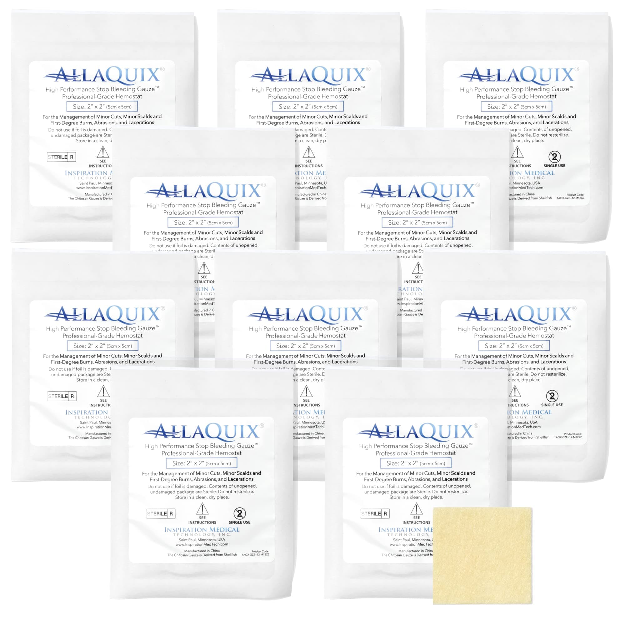 AllaQuix High Performance Stop Bleeding Gauze Pads – 10-Pack (2"x2") | Hemostatic Wound Dressing for Cuts & First Aid Kits | Sterile, Drug-Free, Fast Clotting Pads