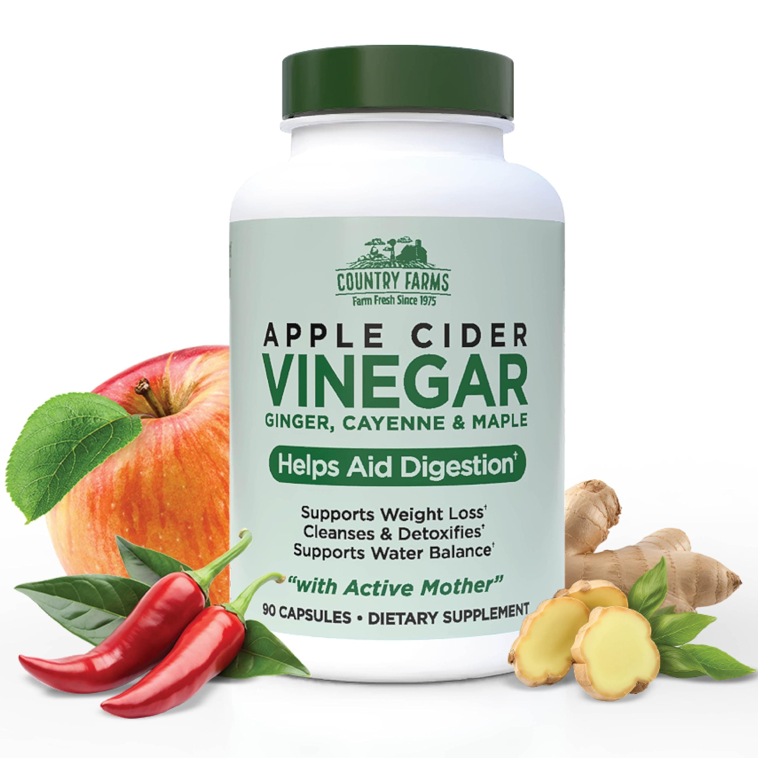 Apple Cider Vinegar Capsules, with Ginger, Cayenne and Maple, Helps Aid Digestion, Supports Healthy Weight Loss, Cleanses and Detoxifies, Supports Water Balance, 90 Count, 90 Servings