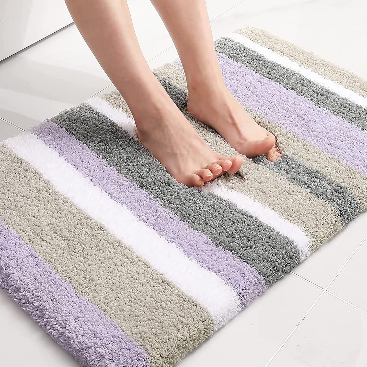 Microfiber Striped Bathroom Rugs Bath Mat, Extra Thick, Soft and Shaggy, Absorbent, Machine Washable, Bath Rugs for Bathroom, Tub and Shower, 24x16 Inches, Purple-Grey