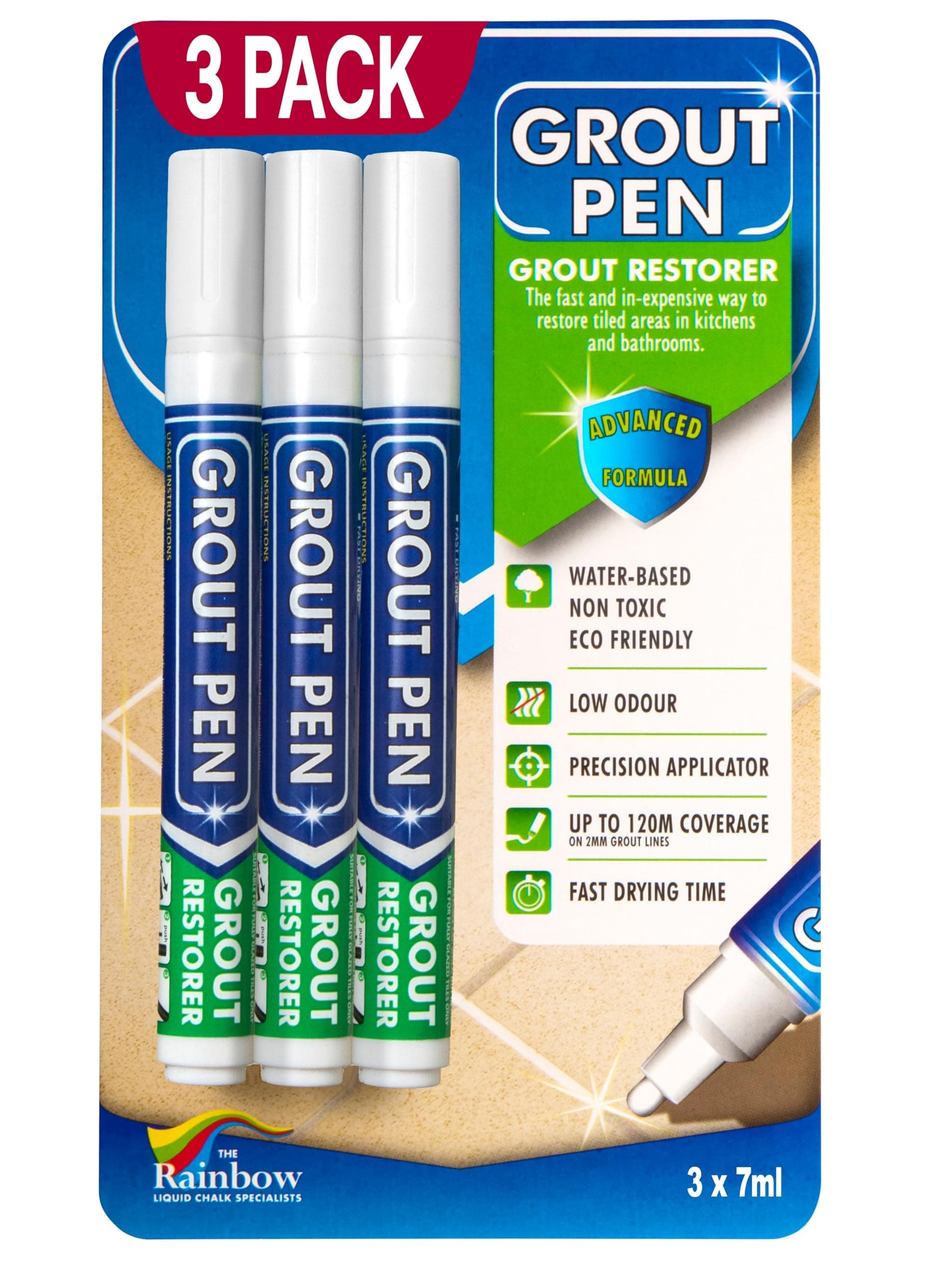 3 x White Grout Pens - Designed for Restoring Tile Grout in bathrooms & Kitchens
